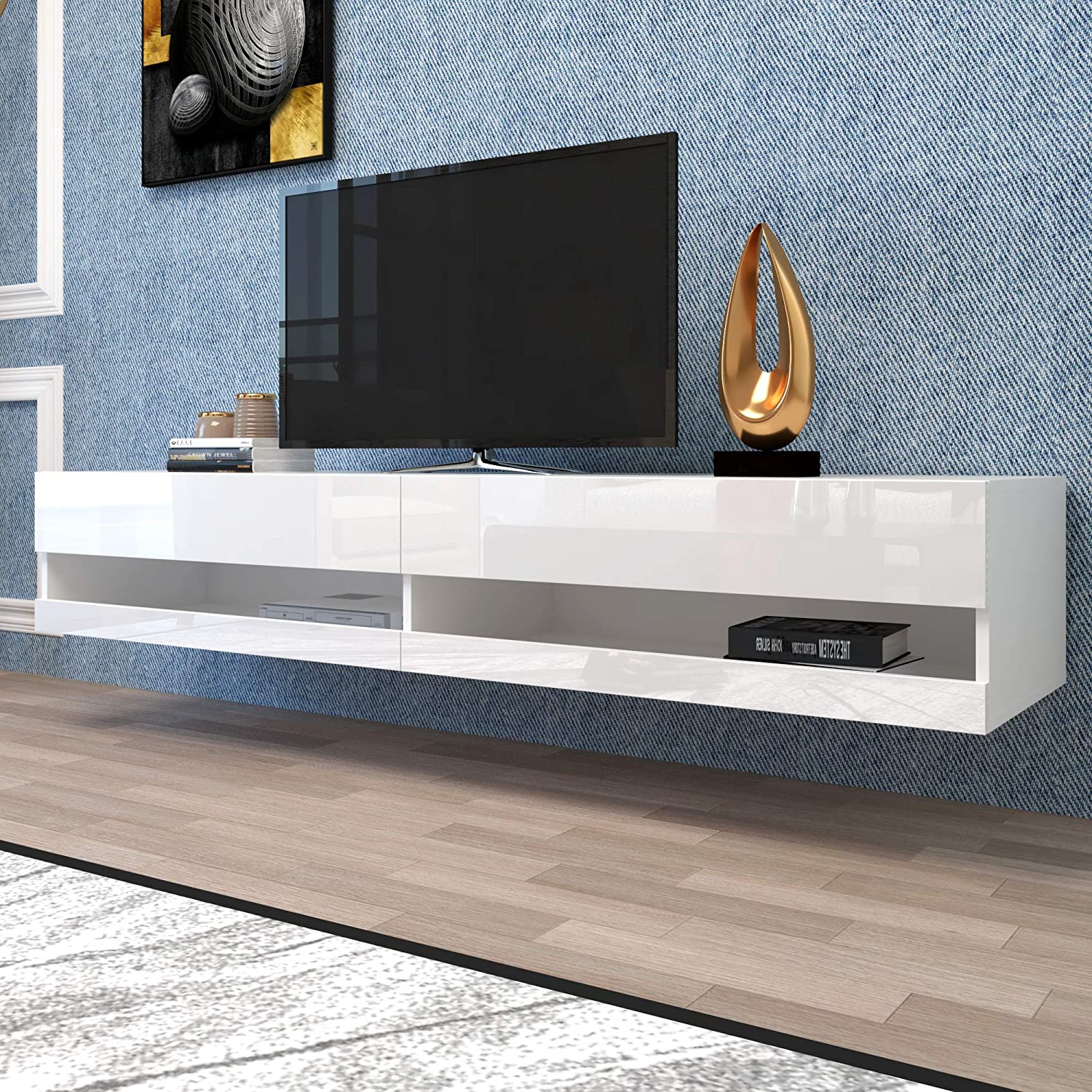 LED TV Cabinet, Lowboard with LED Lighting & Storage, White