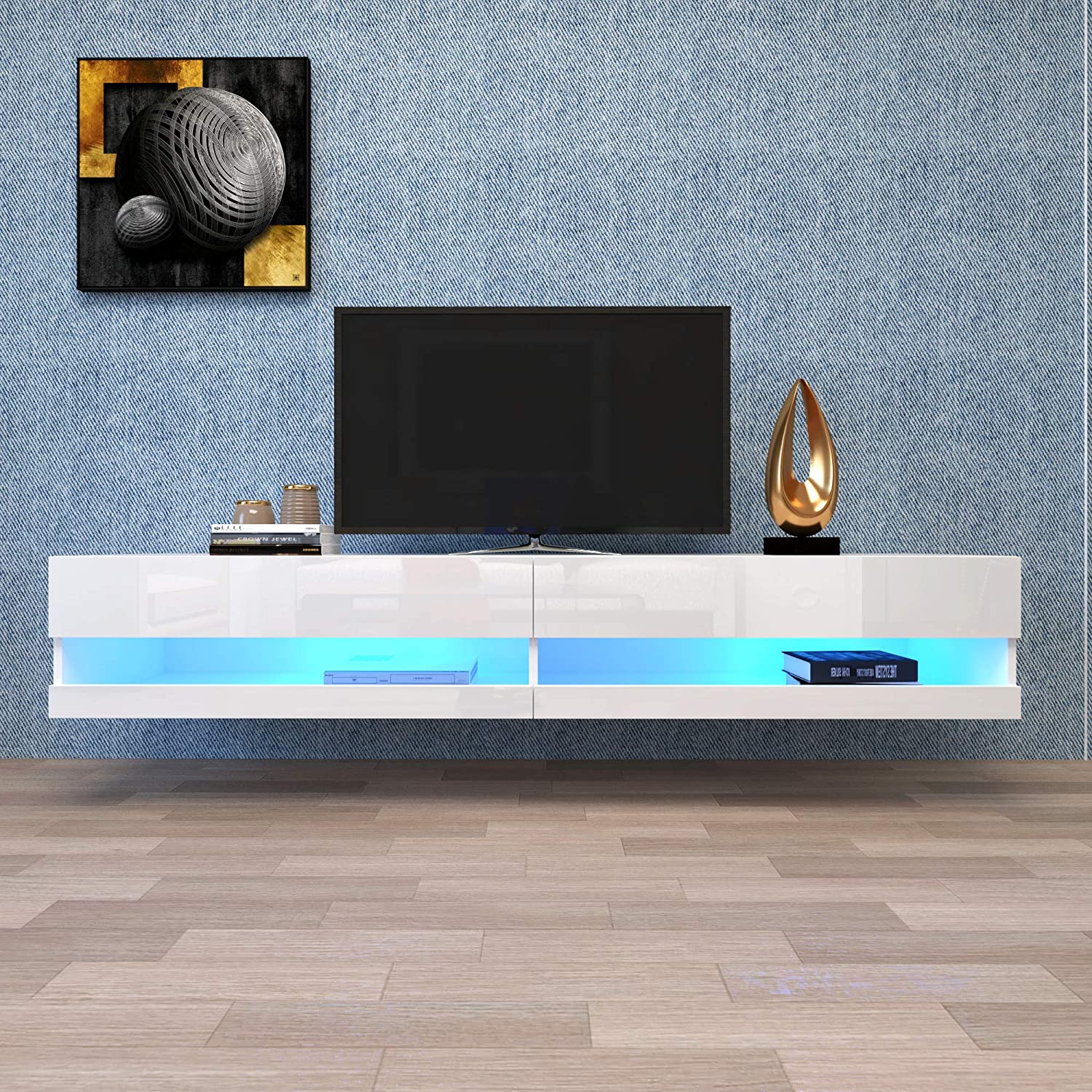 LED TV Cabinet, Lowboard with LED Lighting & Storage, White