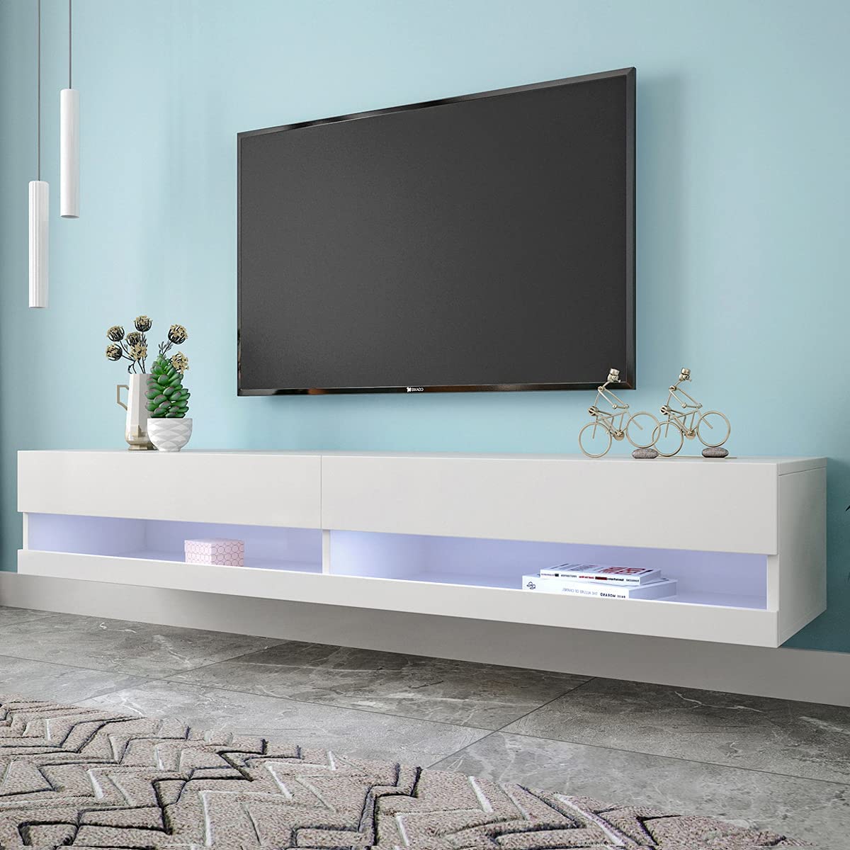 LED TV Cabinet, Lowboard with LED Lighting & Storage, White