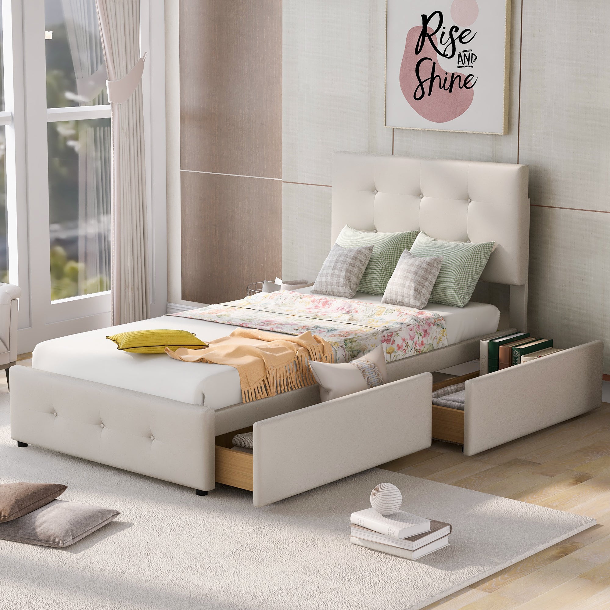 Upholstered Bed, 90x200cm with Slatted Frame & 2 Drawers, Beige Velvet