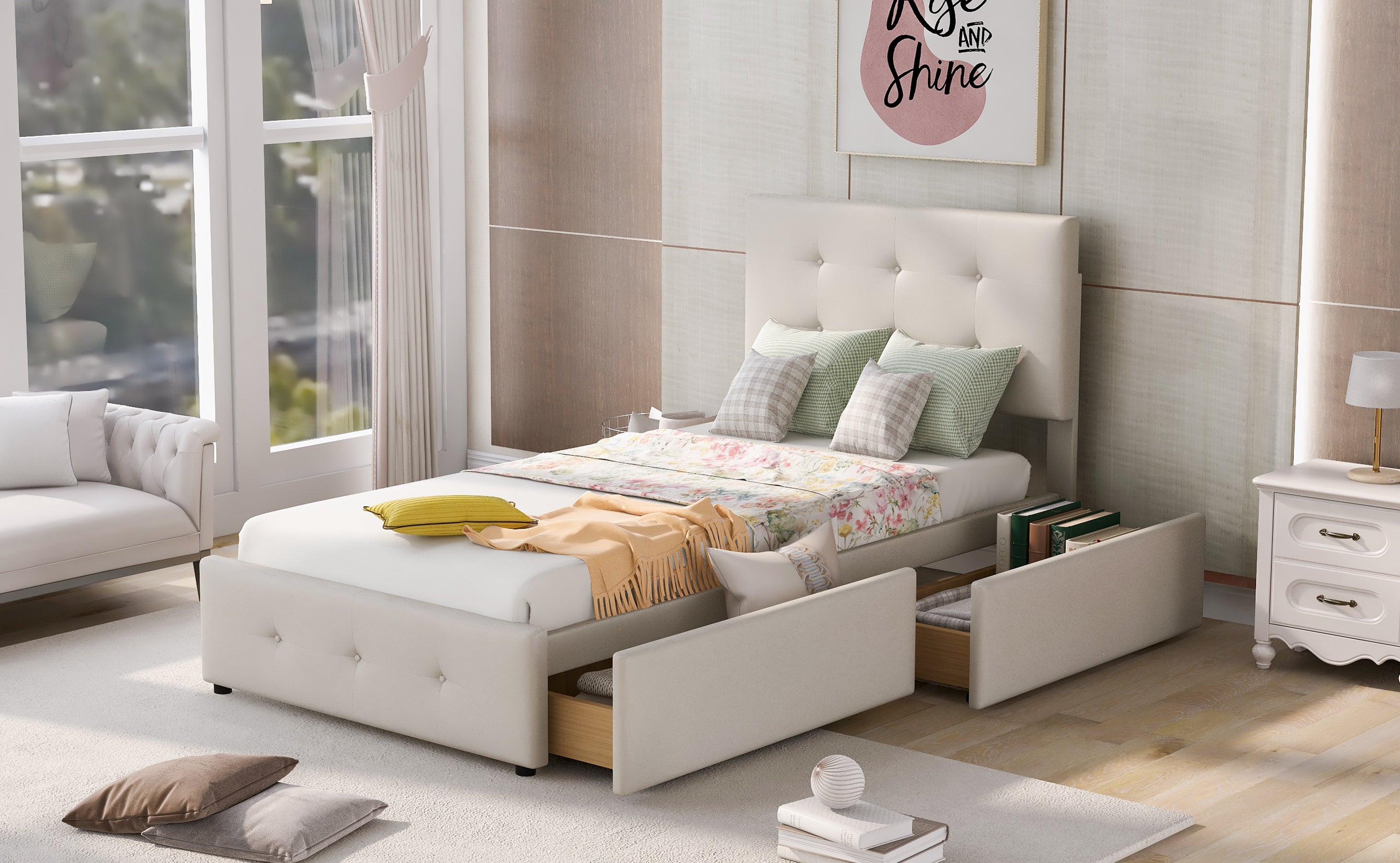 Upholstered Bed, 90x200cm with Slatted Frame & 2 Drawers, Beige Velvet