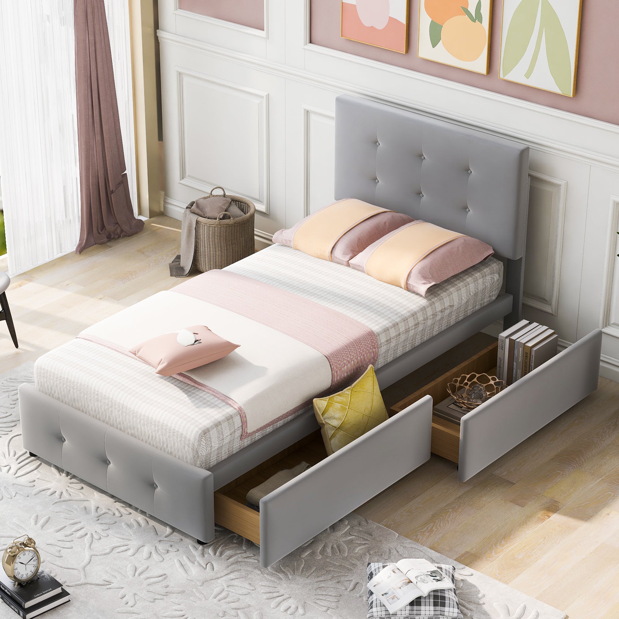 Upholstered Bed 90x200cm, Slatted Frame, Two Drawers, Adjustable Headboard, Velvet Fabric Grey