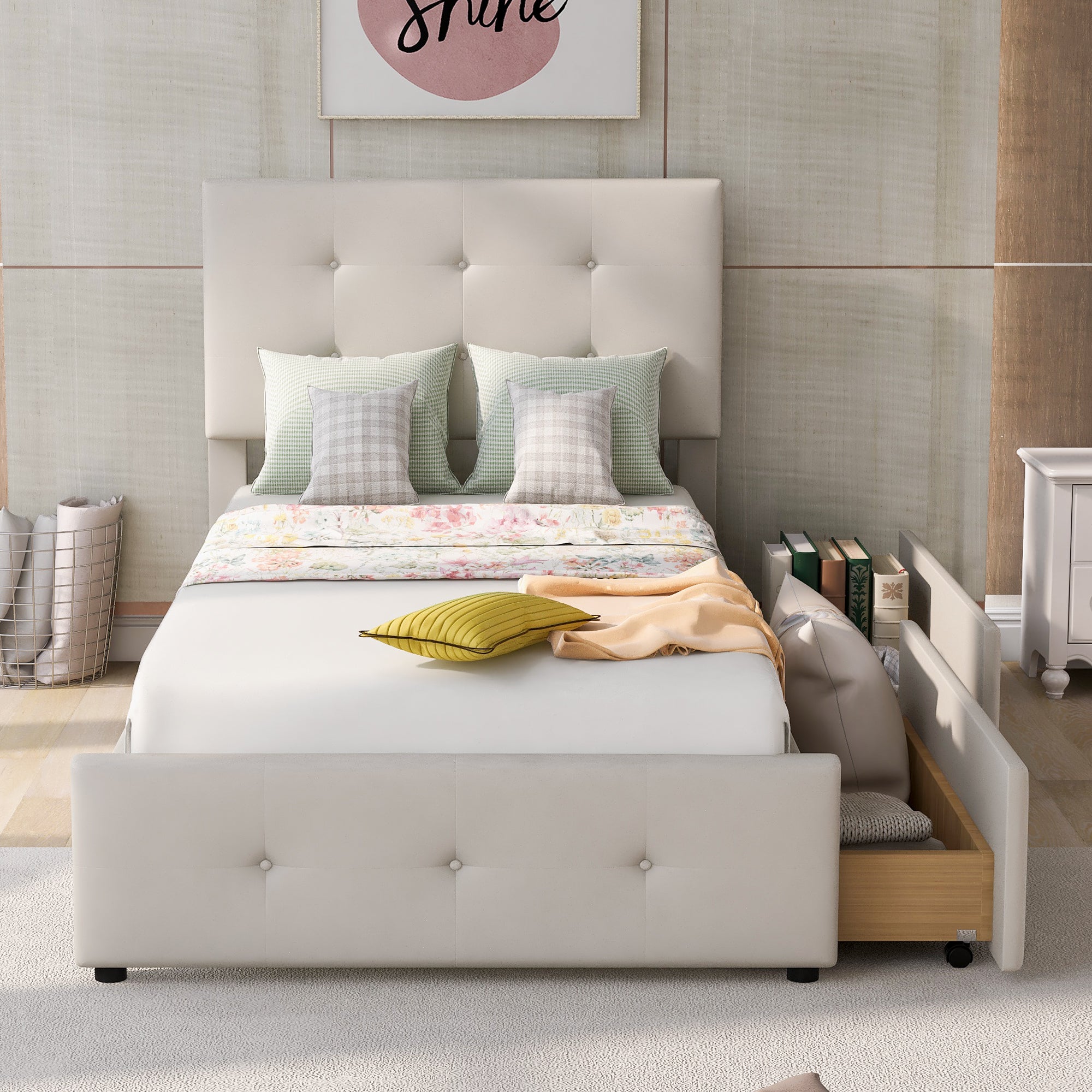 Upholstered Bed, 90x200cm with Slatted Frame & 2 Drawers, Beige Velvet