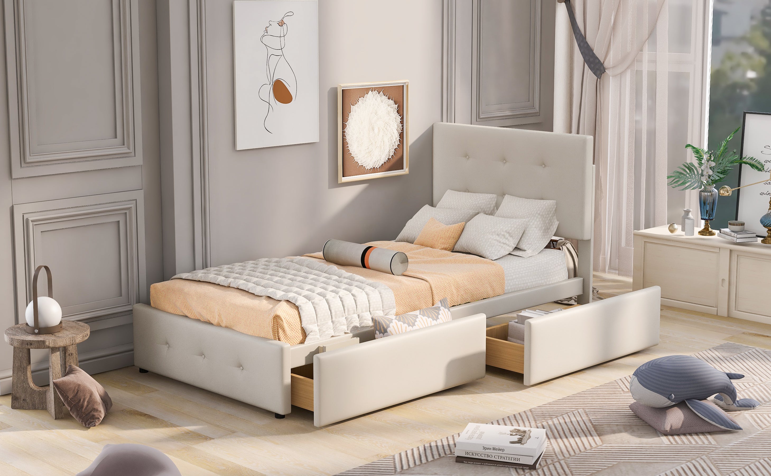 Upholstered Bed, 90x200cm with Slatted Frame & 2 Drawers, Beige Velvet