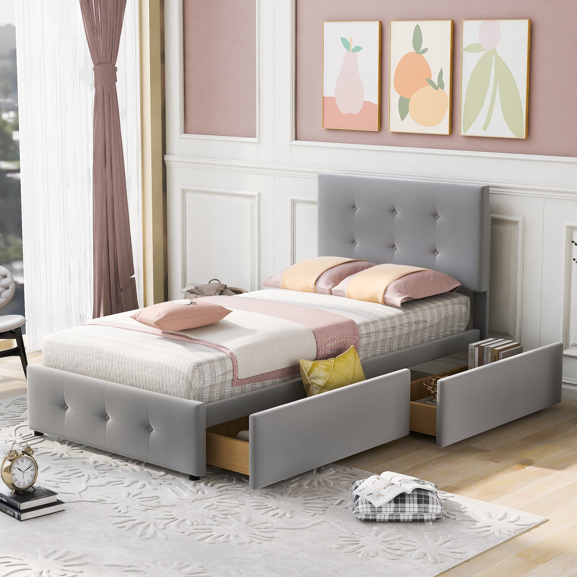 Upholstered Bed 90x200cm, Slatted Frame, Two Drawers, Adjustable Headboard, Velvet Fabric Grey