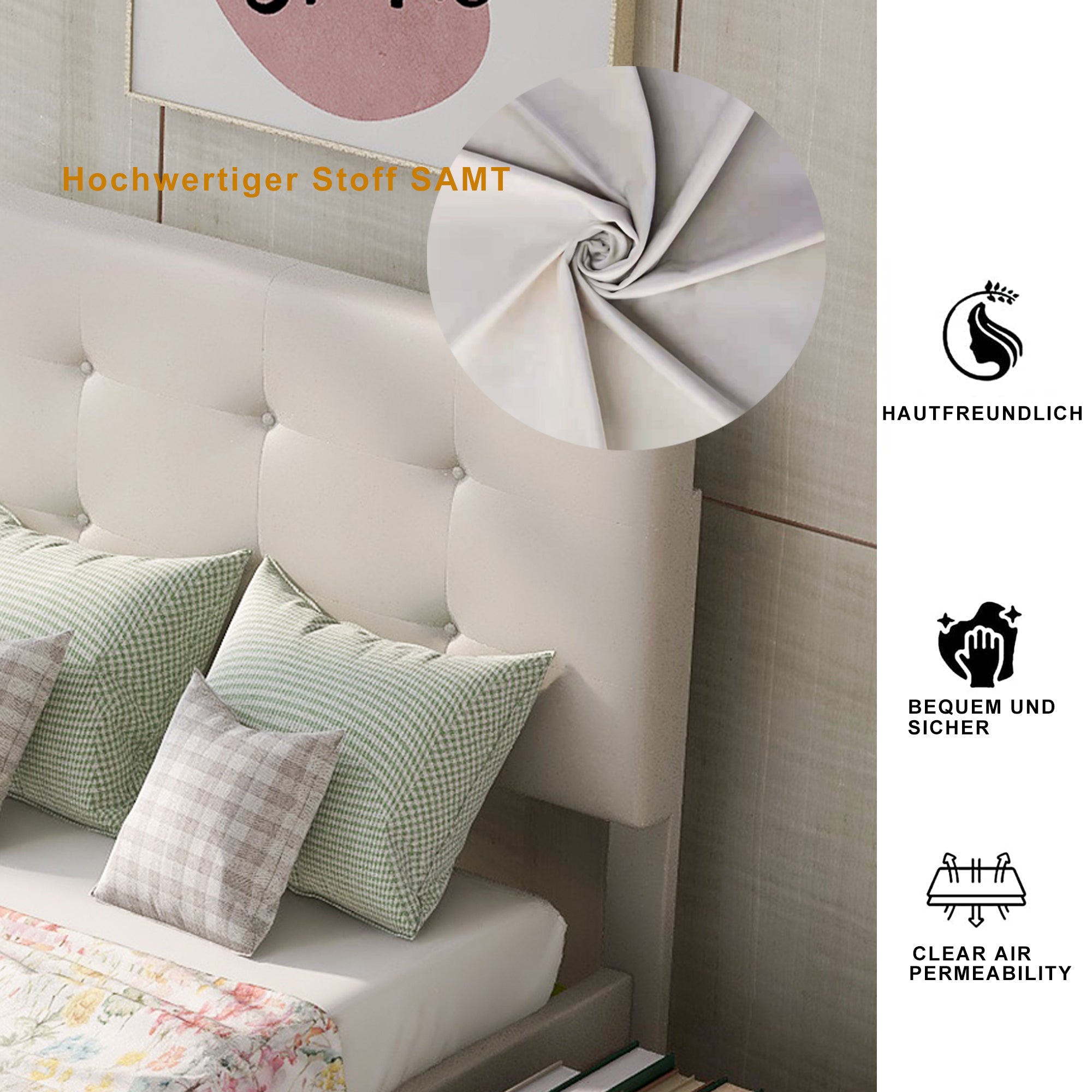 Upholstered Bed, 90x200cm with Slatted Frame & 2 Drawers, Beige Velvet