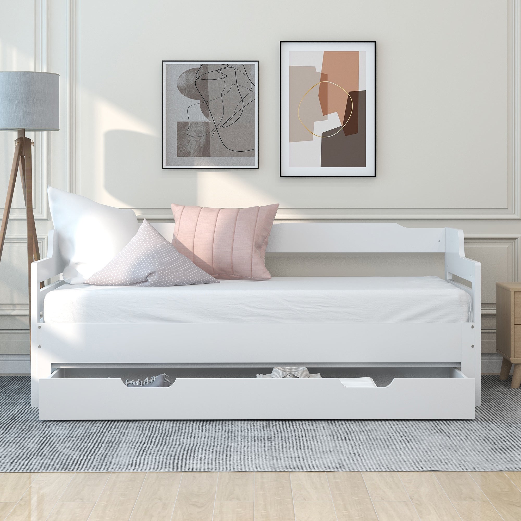 Daybed, Trundle and Drawer, Cabin Bed, Single Guest Sofa Bed with Pull-out Trundle and Storage, 90x190cm, White