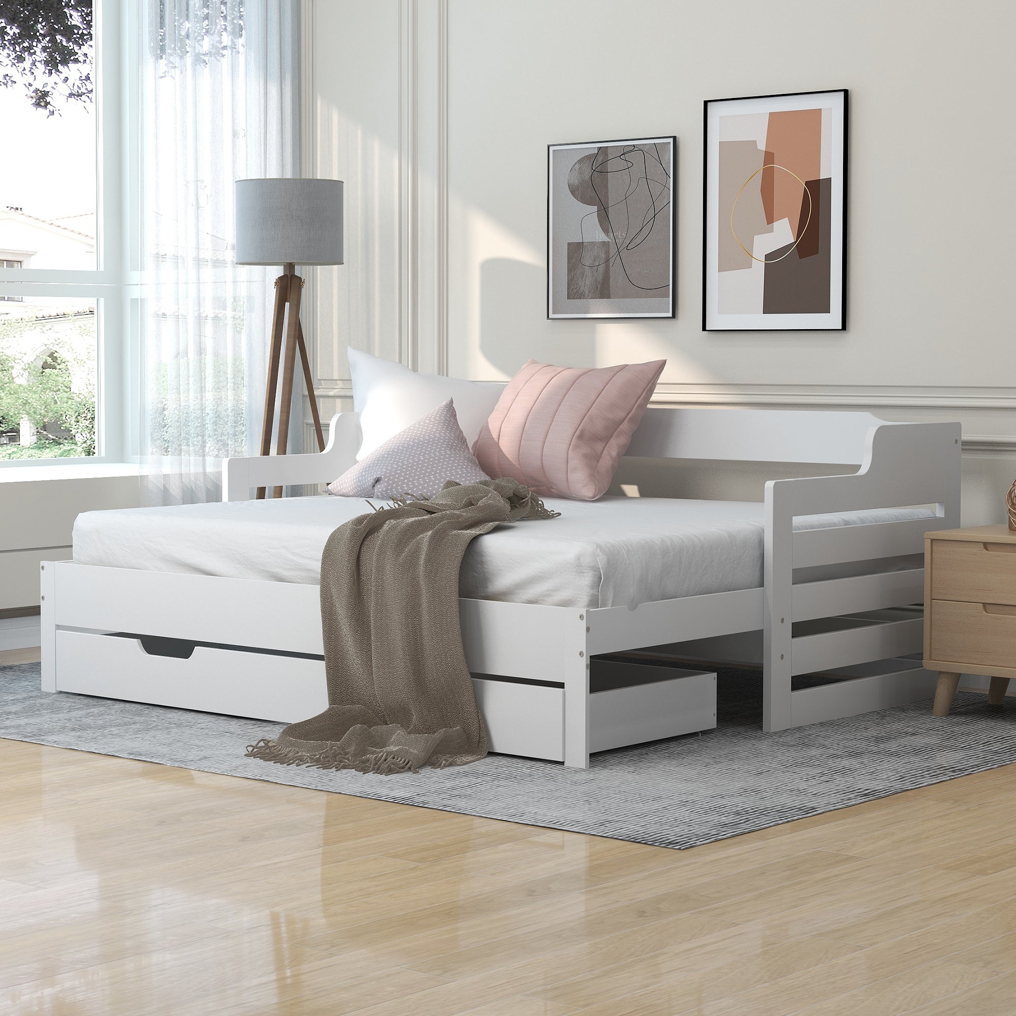 Daybed, Trundle and Drawer, Cabin Bed, Single Guest Sofa Bed with Pull-out Trundle and Storage, 90x190cm, White