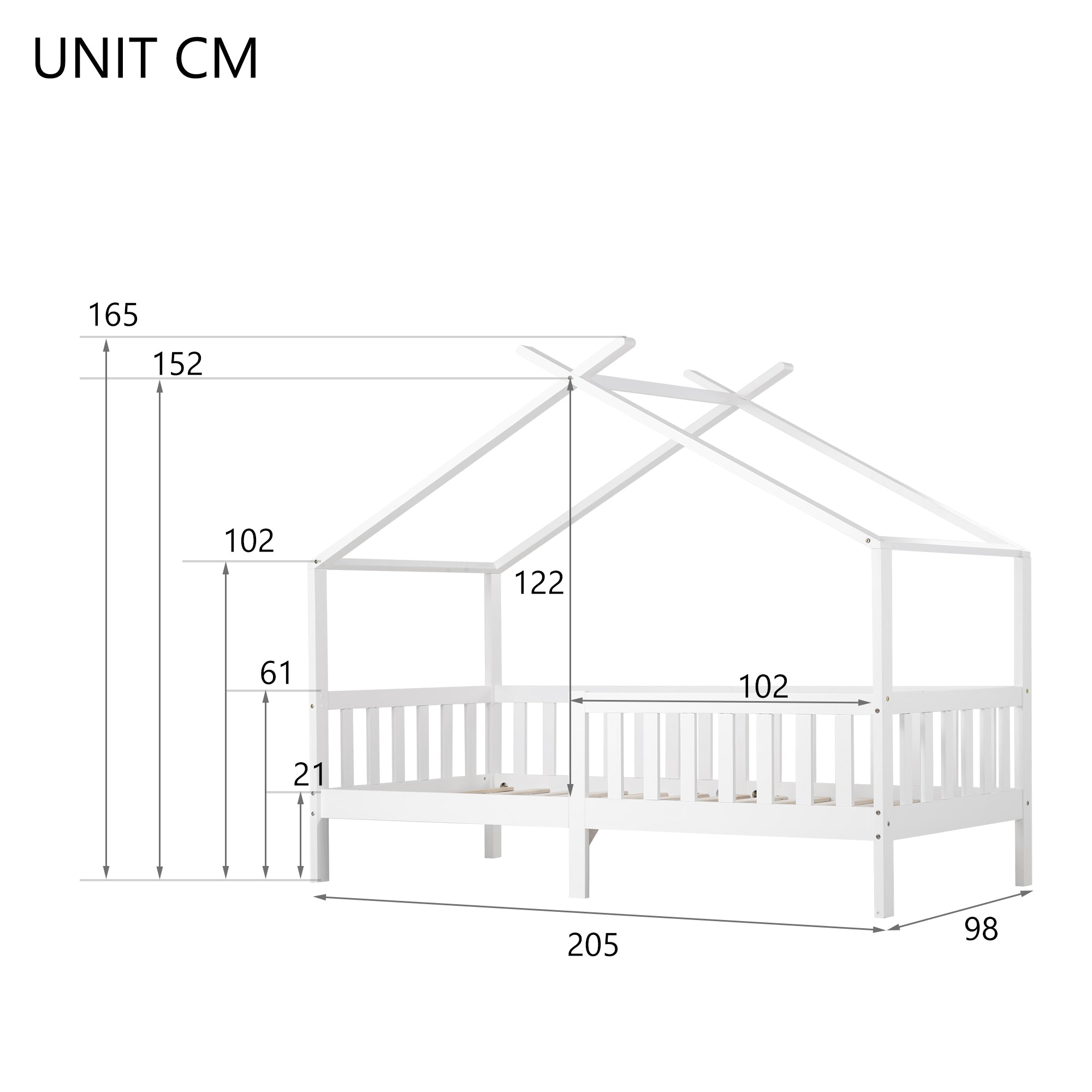 House Bed, Solid Wood Children's Bed with Railing, Slatted Base, Fall Protection, White 200x90 cm