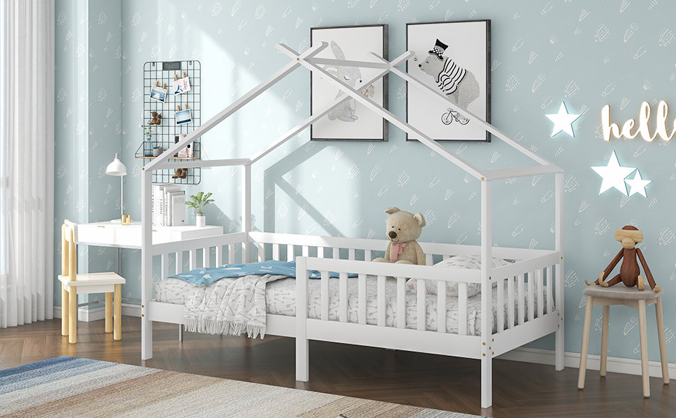 House Bed, Solid Wood Children's Bed with Railing, Slatted Base, Fall Protection, White 200x90 cm