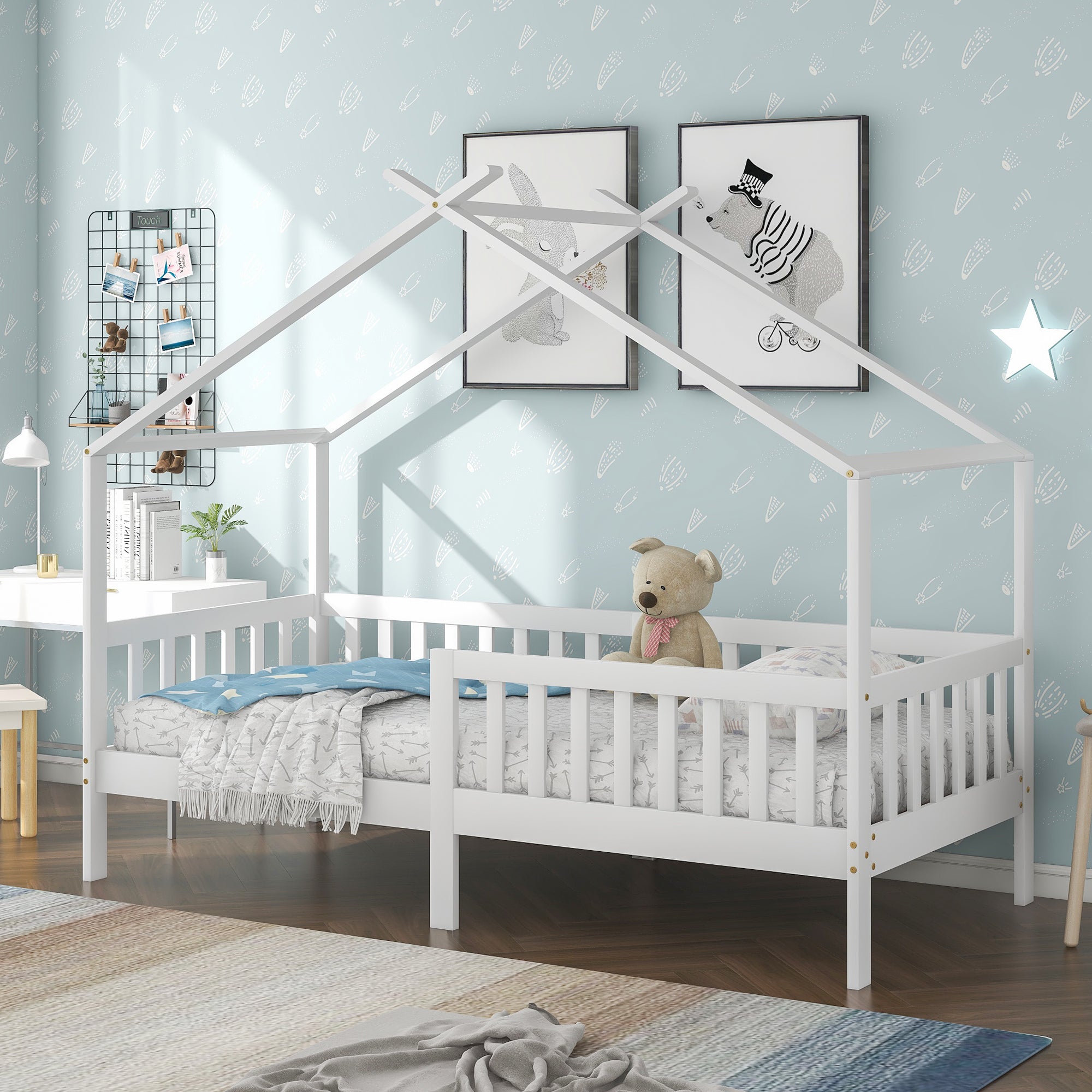 House Bed, Solid Wood Children's Bed with Railing, Slatted Base, Fall Protection, White 200x90 cm