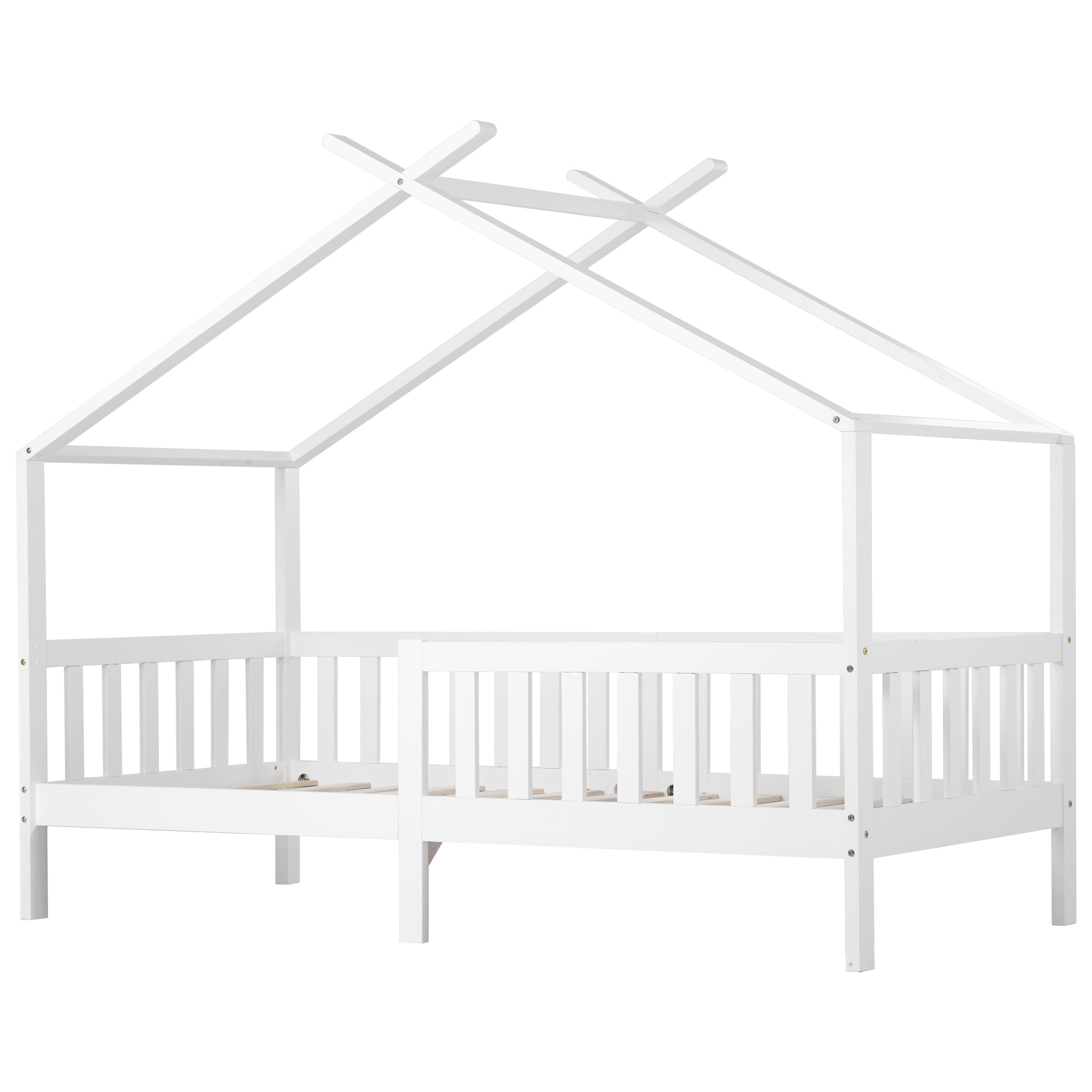 House Bed, Solid Wood Children's Bed with Railing, Slatted Base, Fall Protection, White 200x90 cm