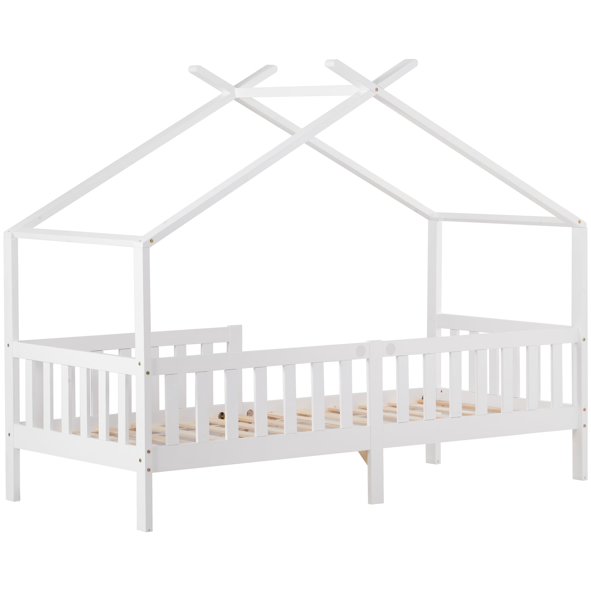 House Bed, Solid Wood Children's Bed with Railing, Slatted Base, Fall Protection, White 200x90 cm