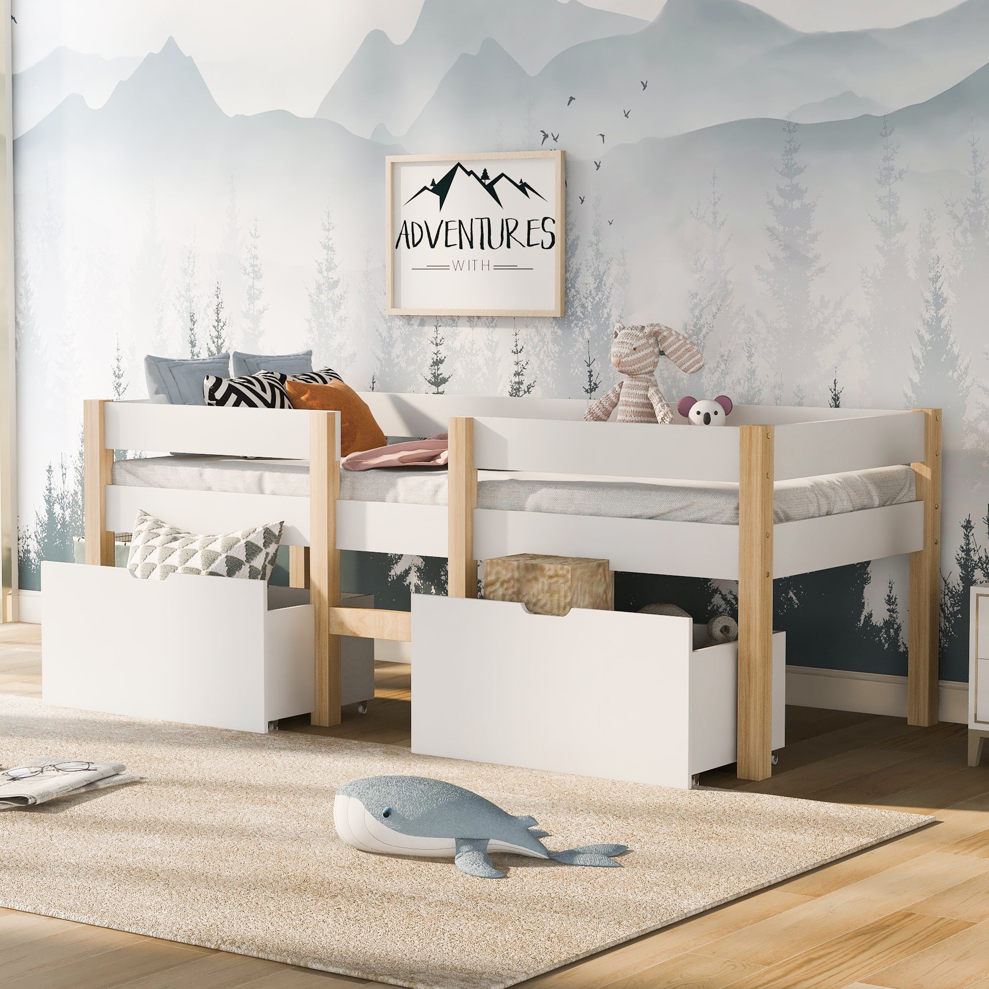 Children's Bed with Drawer and Fall Protection, 90x200 cm, Solid Pine Wood White & Oak