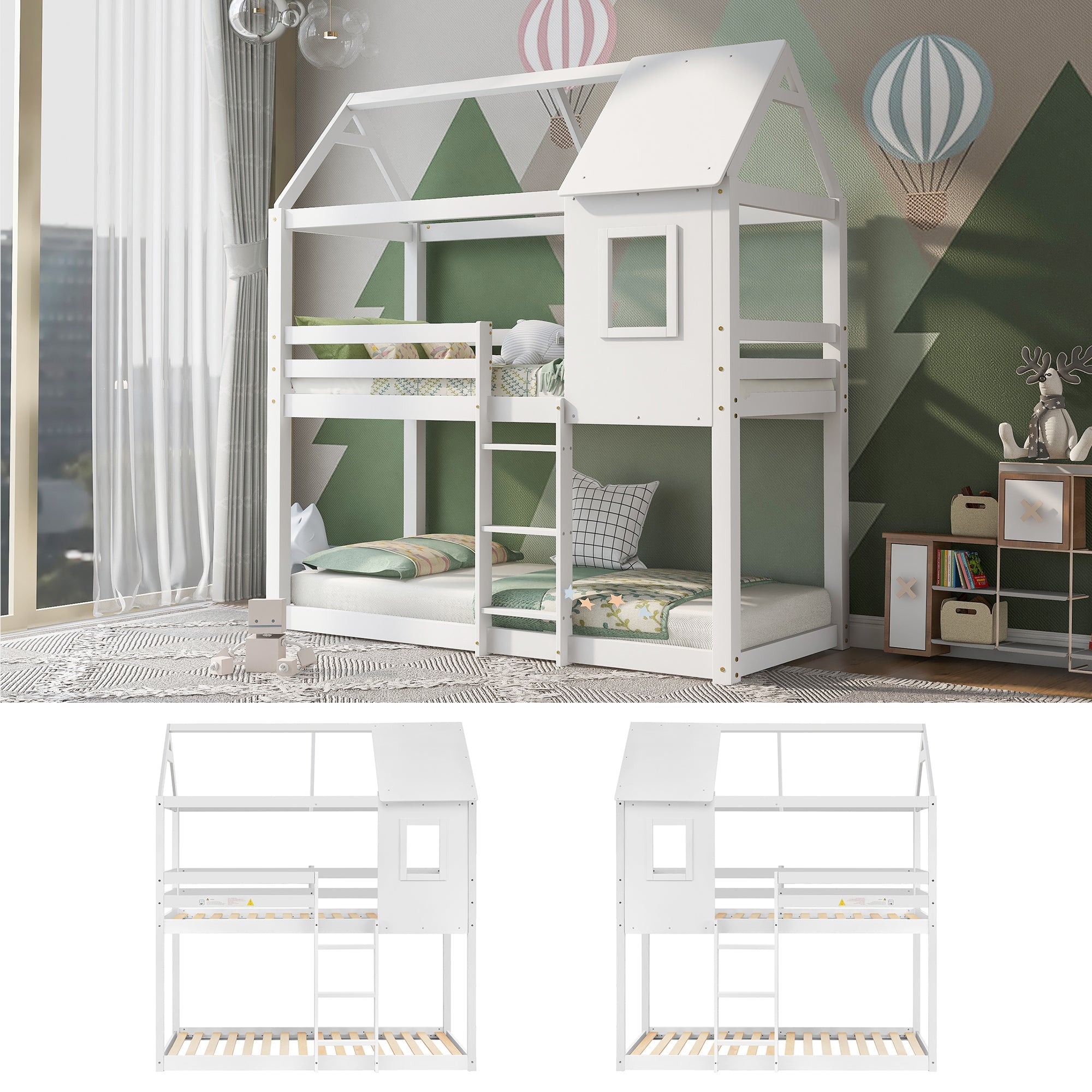 Bunk Bed, Children Cabin Bed, Single Bed for Kids, Twin Sleeper, 3FT, Solid Pine Wood, White