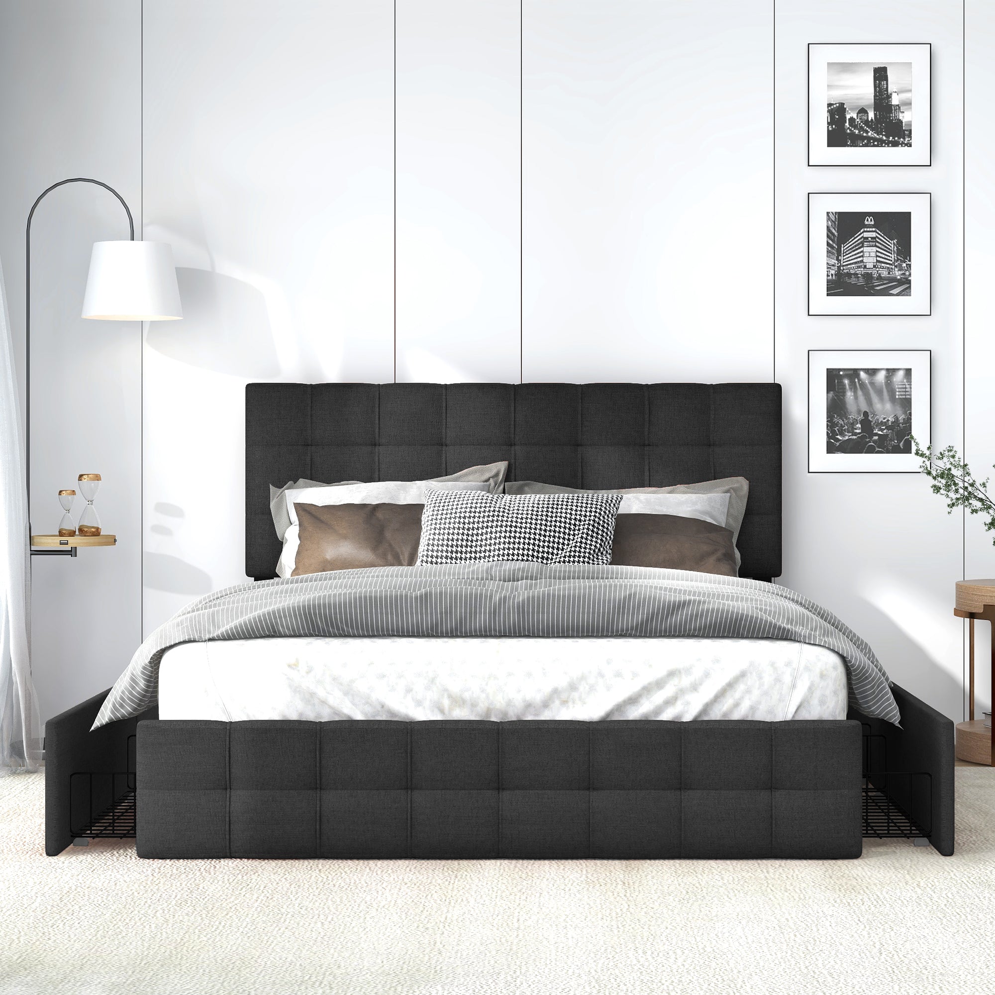 Upholstered Bed with 4 Drawers, Adjustable Headboard, 140x200cm, Black Linen