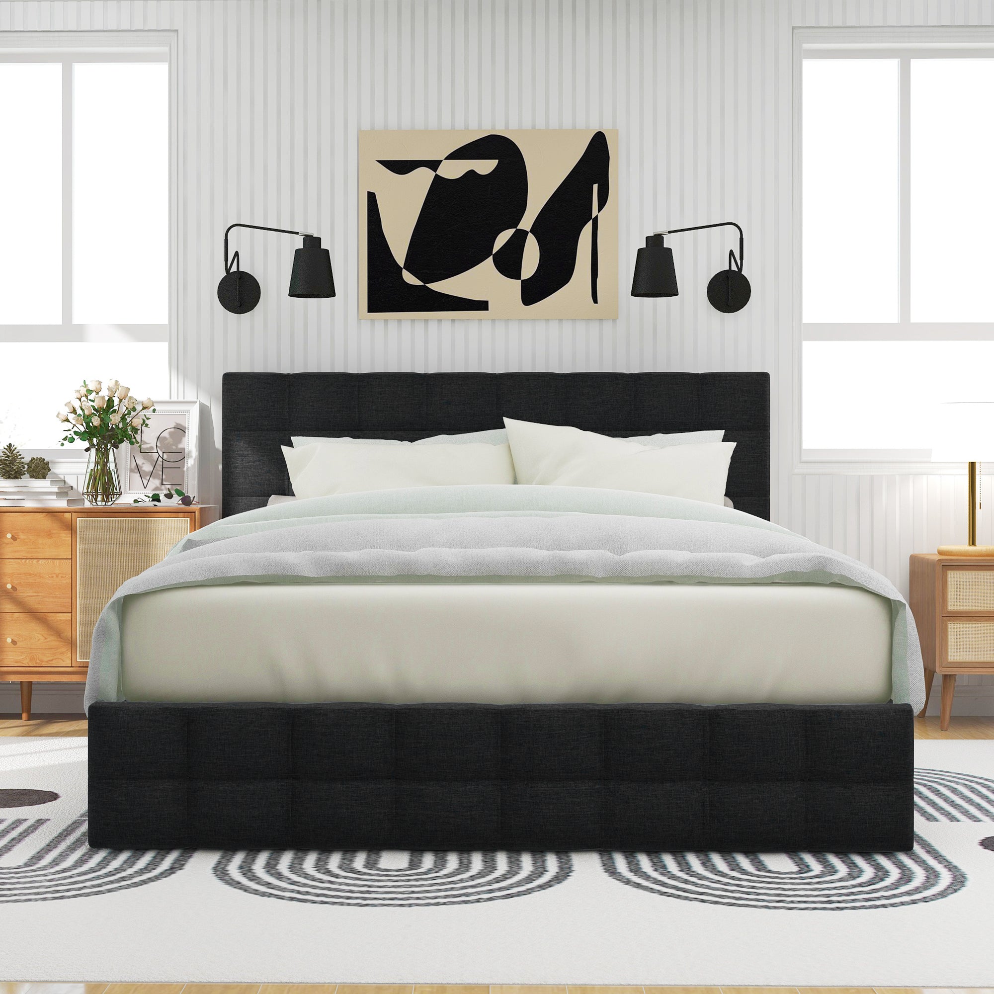 Upholstered Bed with 4 Drawers, Adjustable Headboard, 140x200cm, Black Linen