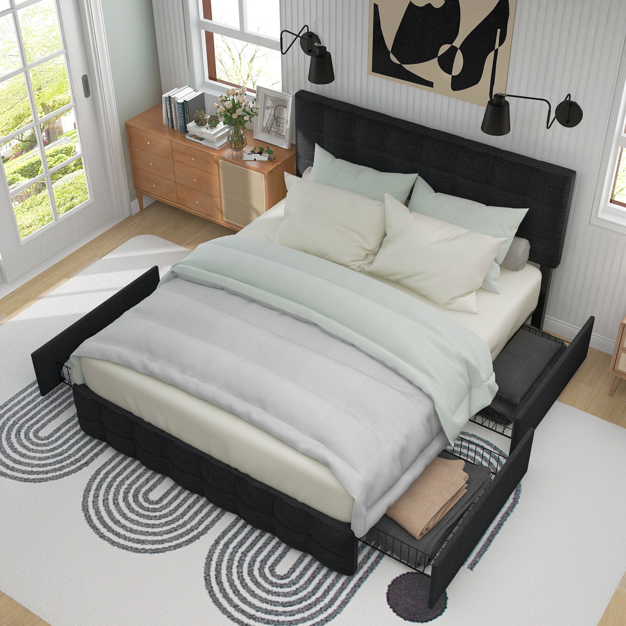 Upholstered Bed with 4 Drawers, Adjustable Headboard, 140x200cm, Black Linen
