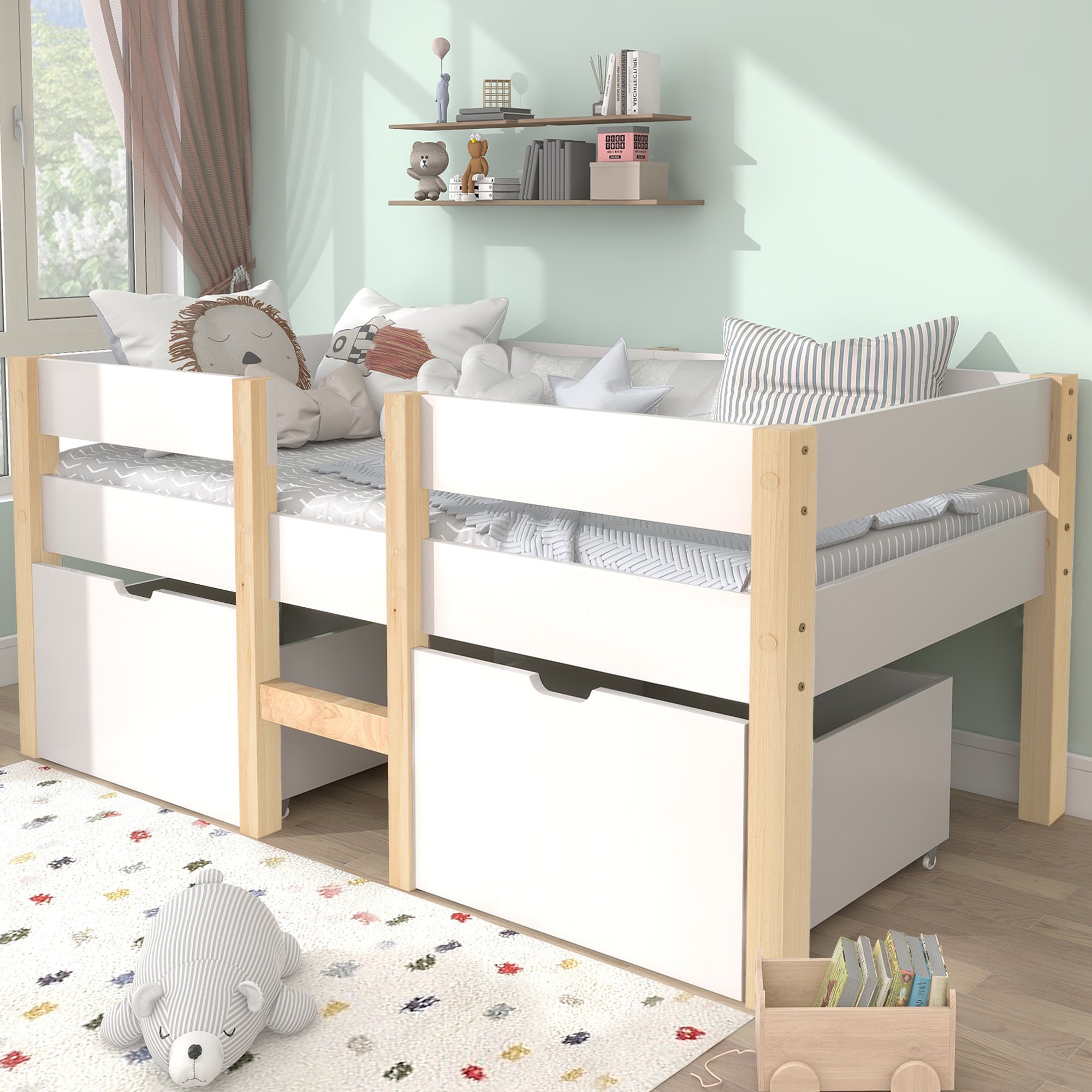 Children's Bed with Drawer & Fall Protection, 90x190cm, Solid Pine Wood, White & Oak