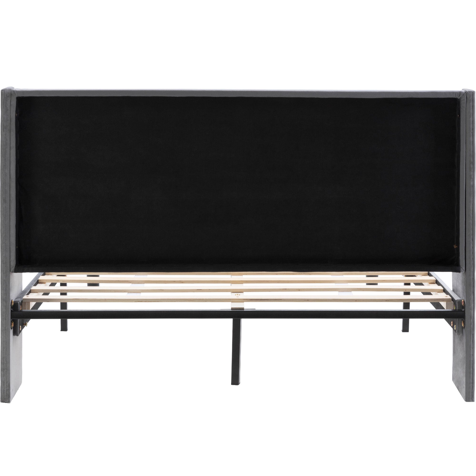 Double Bed Velvet Grey 4FT6 Upholstered Bed with Winged Headboard, Wood Slat Support