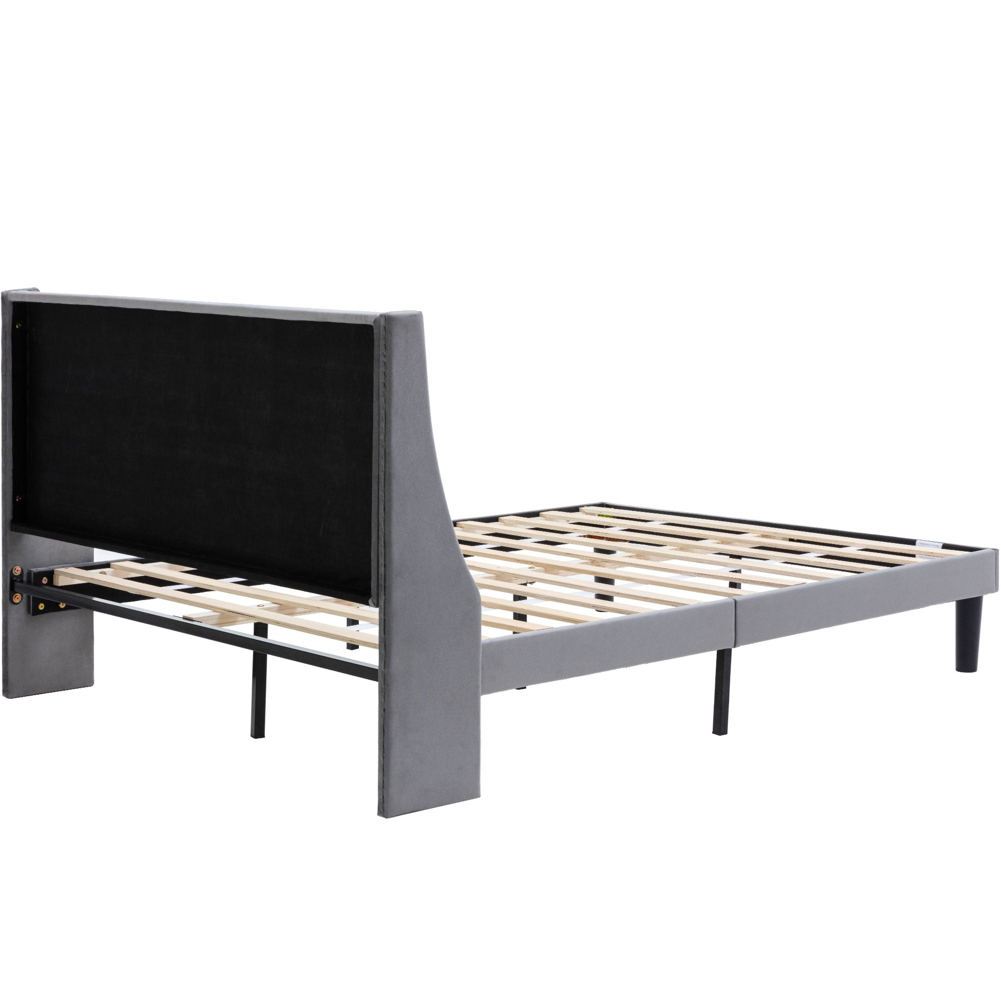 Double Bed Velvet Grey 4FT6 Upholstered Bed with Winged Headboard, Wood Slat Support