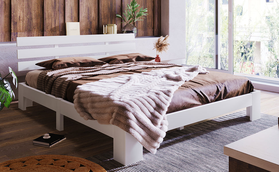 Wooden Double Bed with Headboard, Slatted Frame, Pine