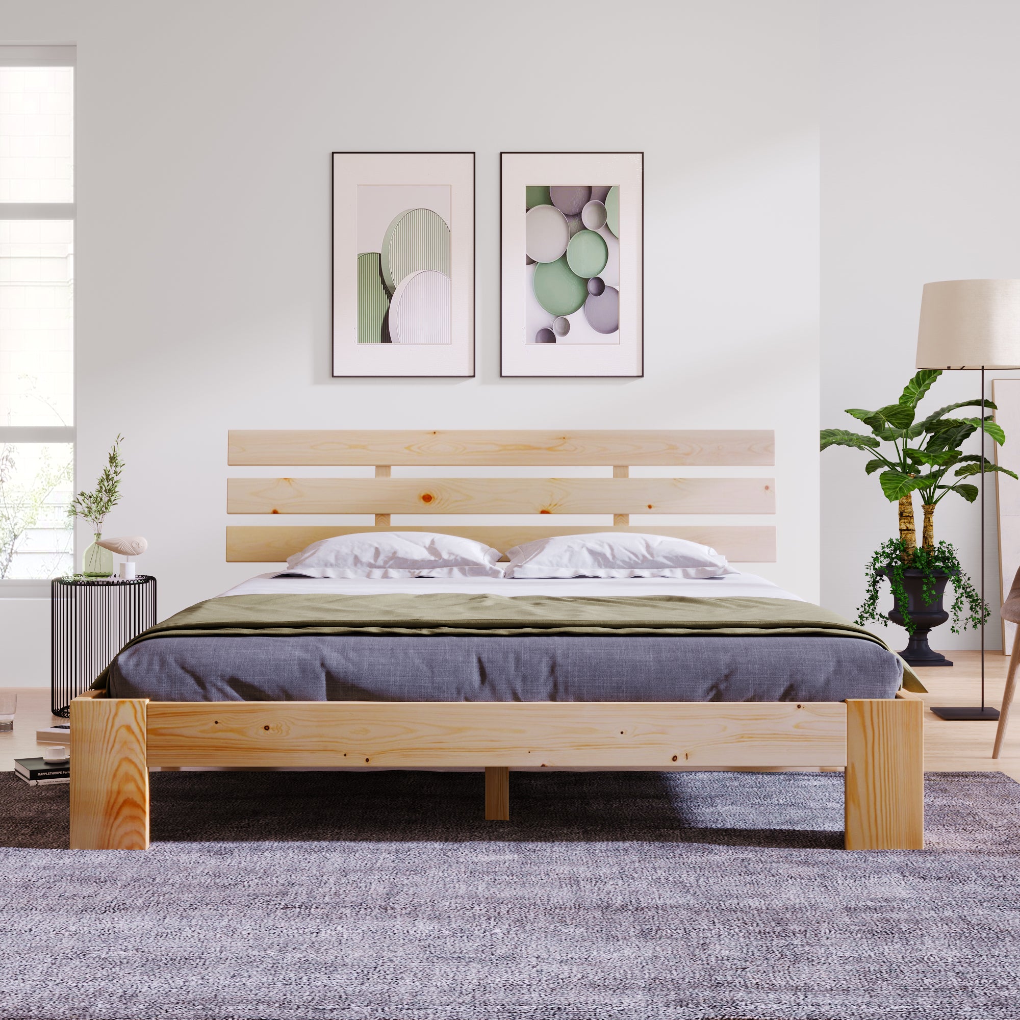 Wooden Double Bed, Headboard & Slatted Frame, Solid Pine