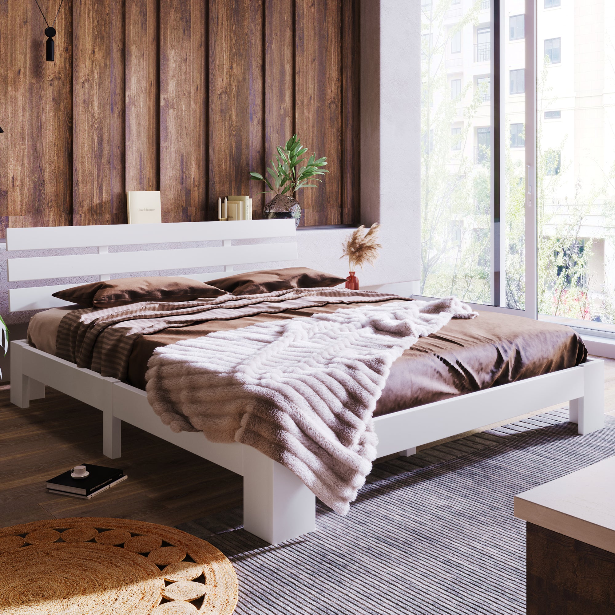 Wooden Double Bed with Headboard, Slatted Frame, Pine