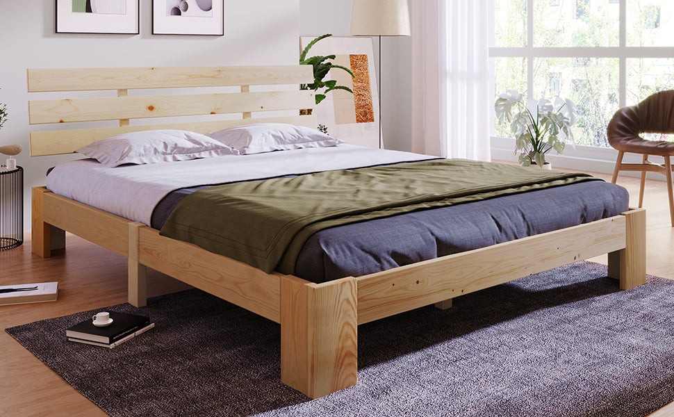 Wooden Double Bed, Headboard & Slatted Frame, Solid Pine