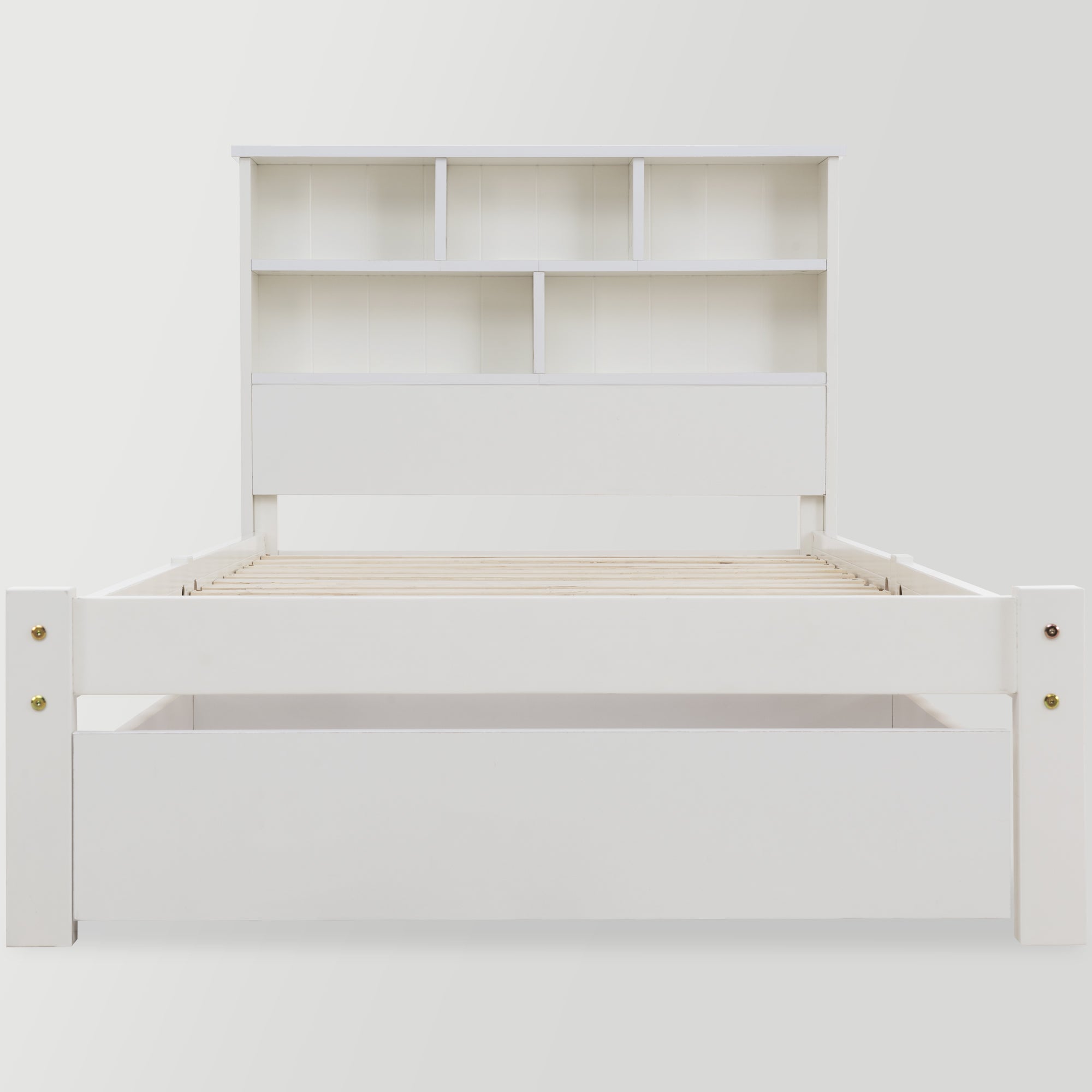 Solid Wood Single Bed with Drawers & Slatted Frame, Bookcase, White