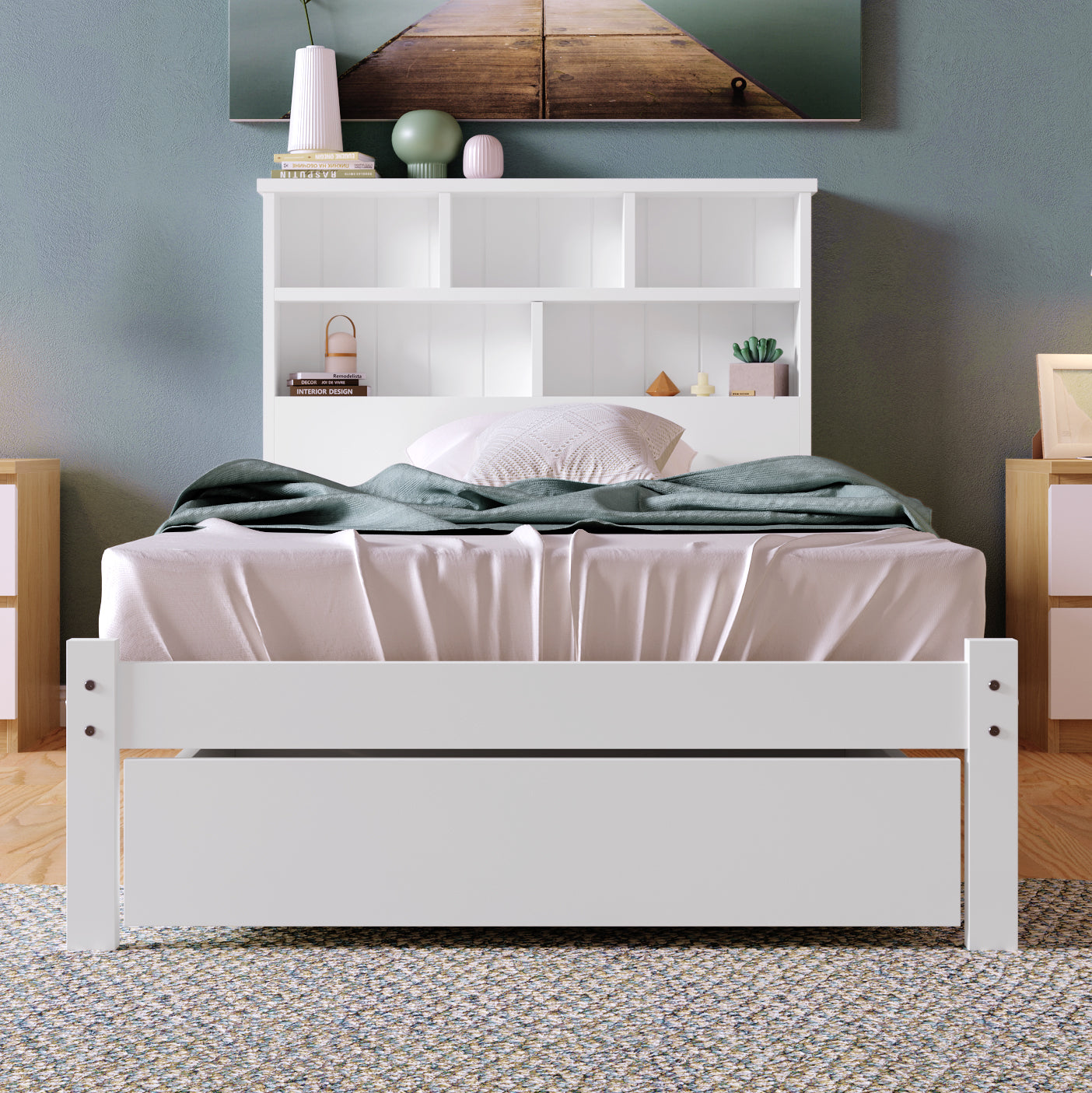 Solid Wood Single Bed with Drawers & Slatted Frame, Bookcase, White