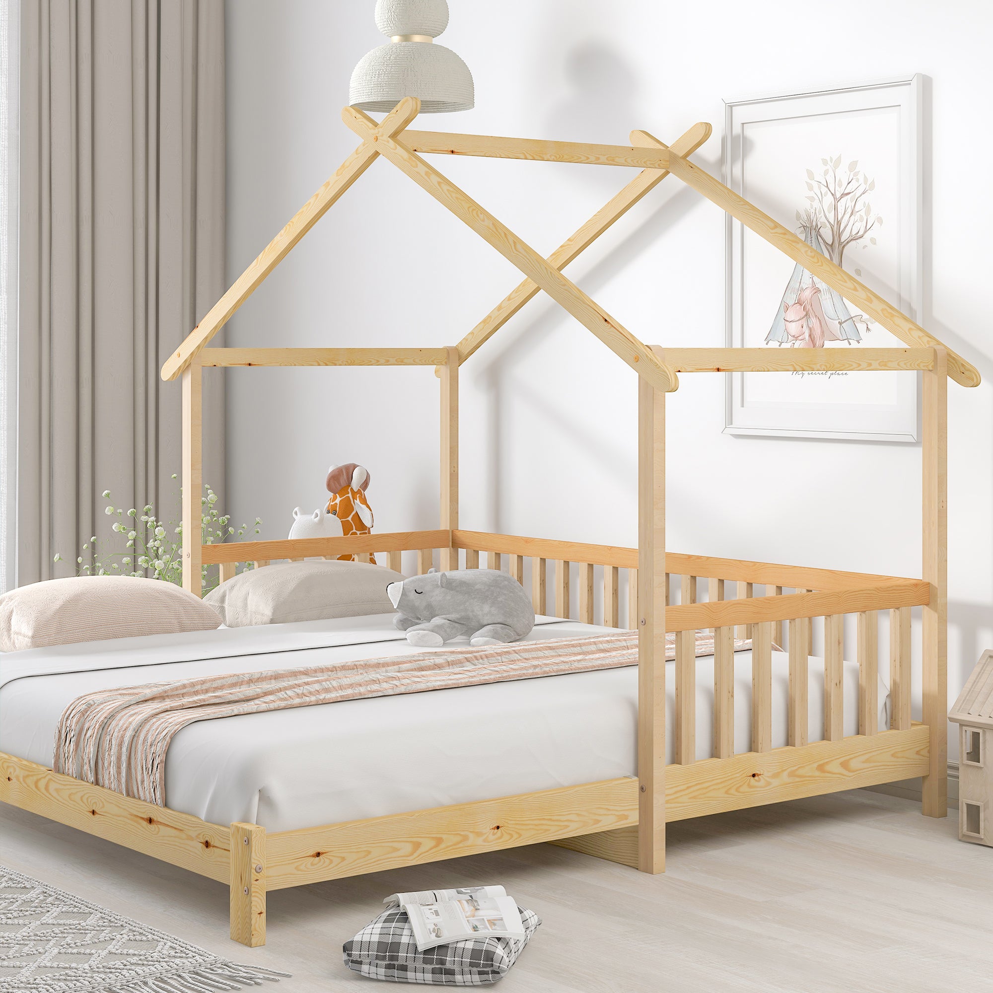 Treehouse Bed, Expandable Single to Double, Solid Wood, Natural