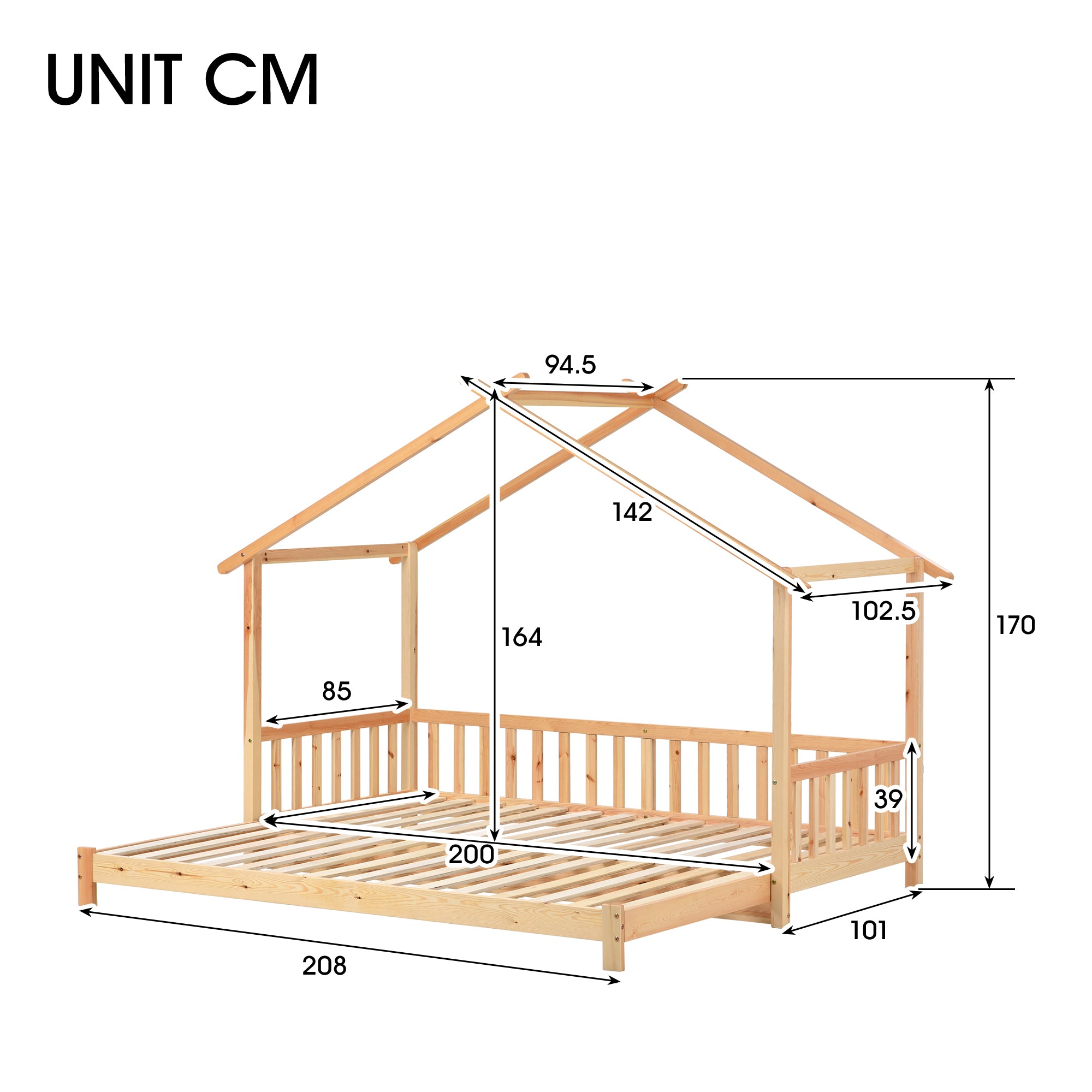 Treehouse Bed, Expandable Single to Double, Solid Wood, Natural