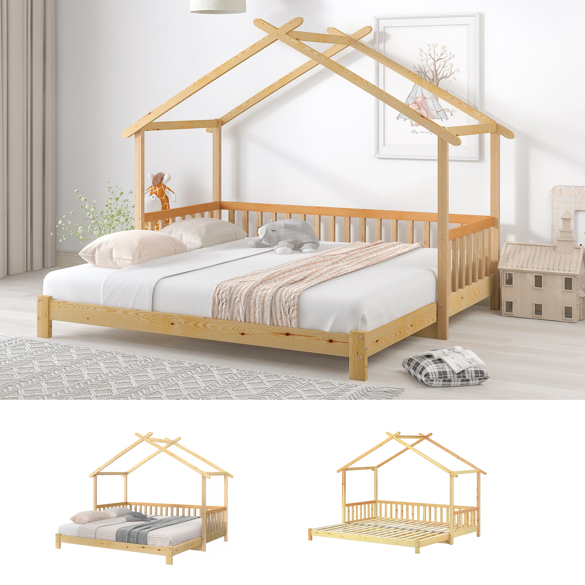 Treehouse Bed, Expandable Single to Double, Solid Wood, Natural