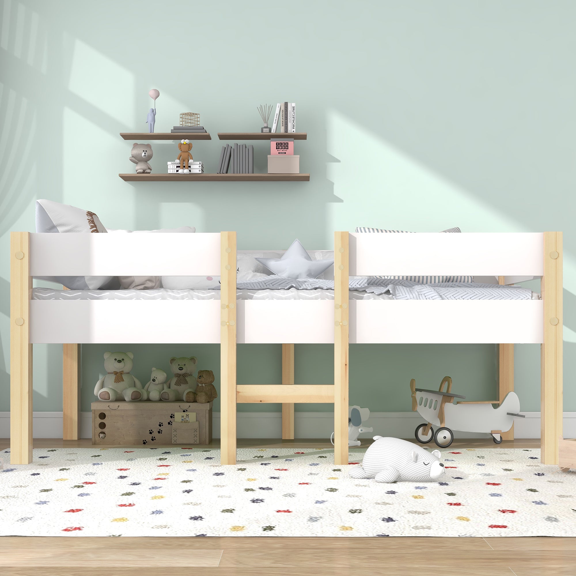 Children's bed with fall protection, 90x200 cm, solid pine wood, white & oak