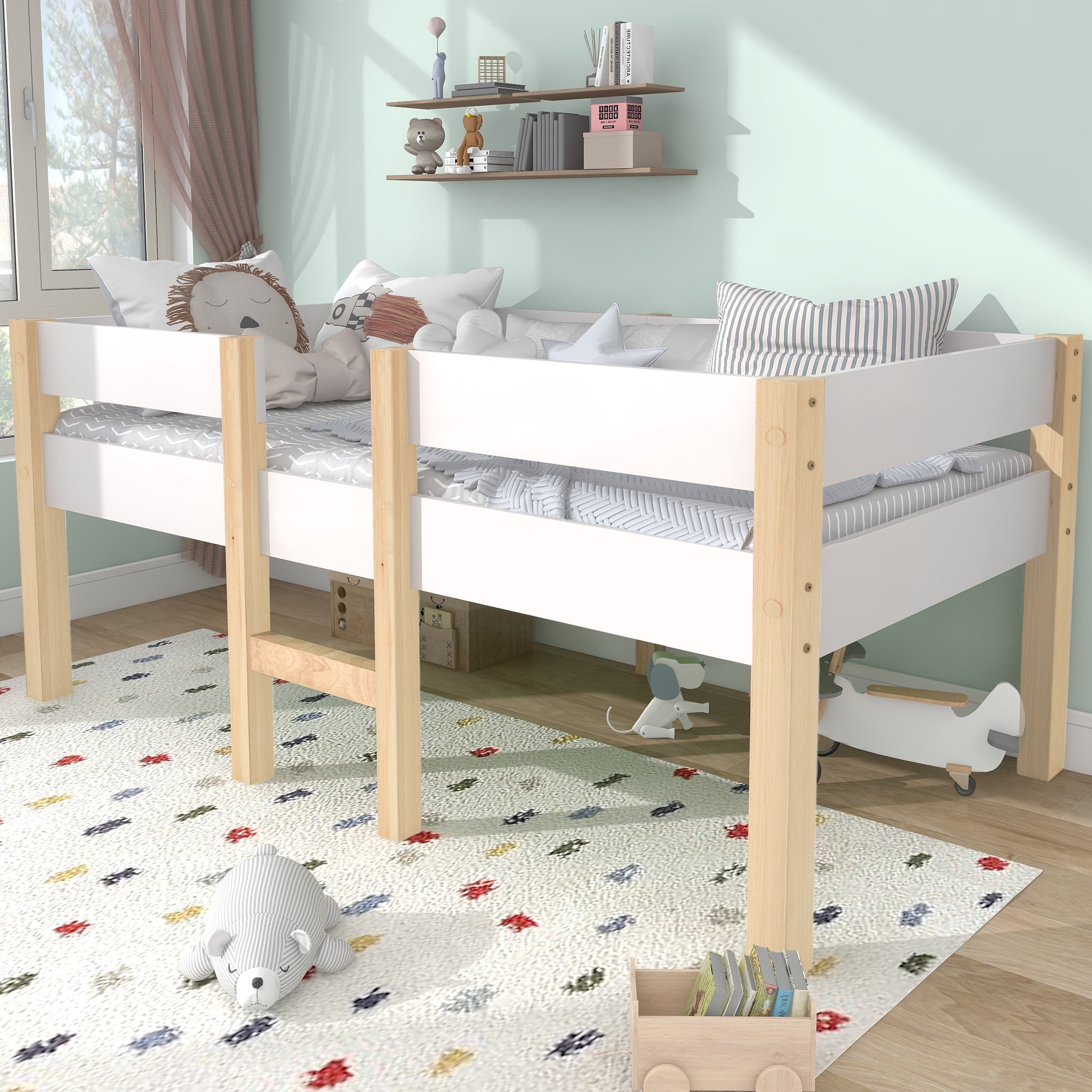Children's bed with fall protection, 90x200 cm, solid pine wood, white & oak