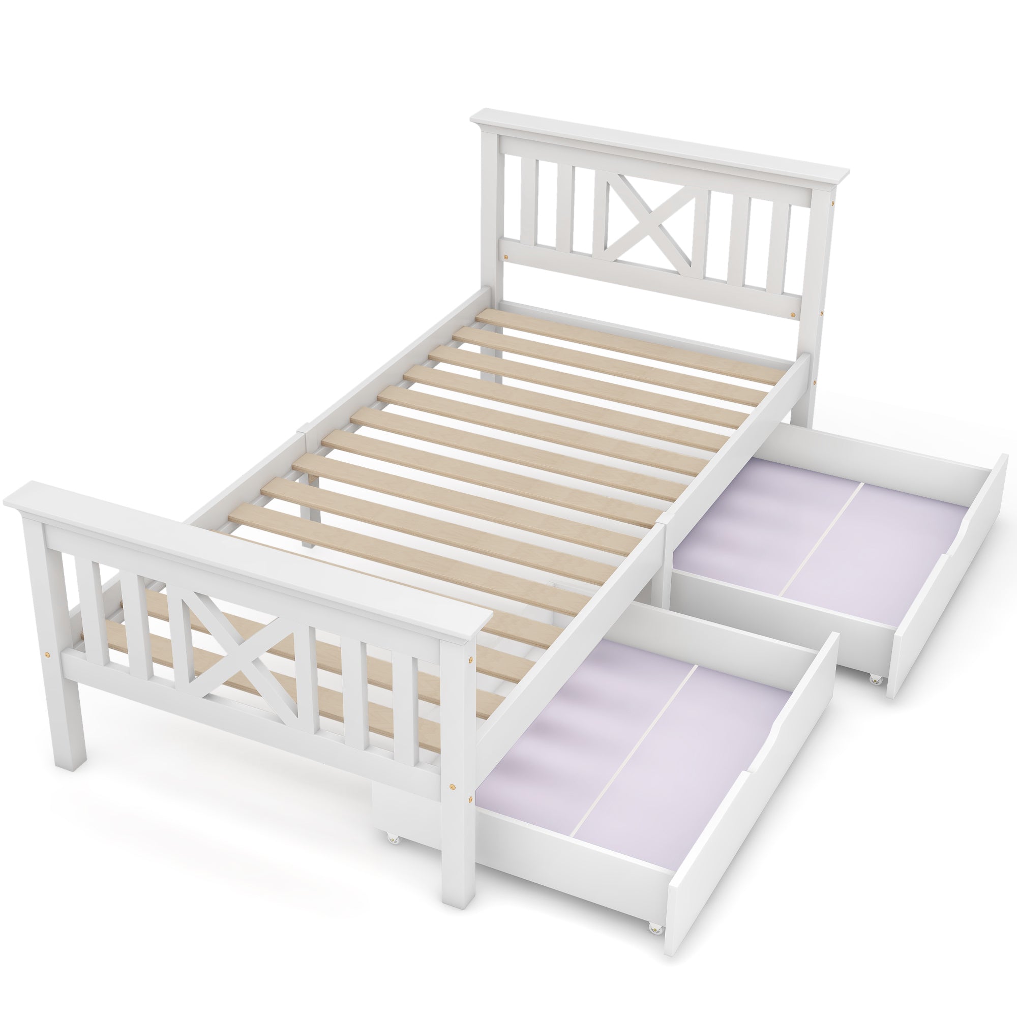 Wooden Bed Frame with Drawers Single Storage Bed Solid Pine Wood,3FT Guest Bed For Adults, Kids, Teenagers (White 90x190cm)