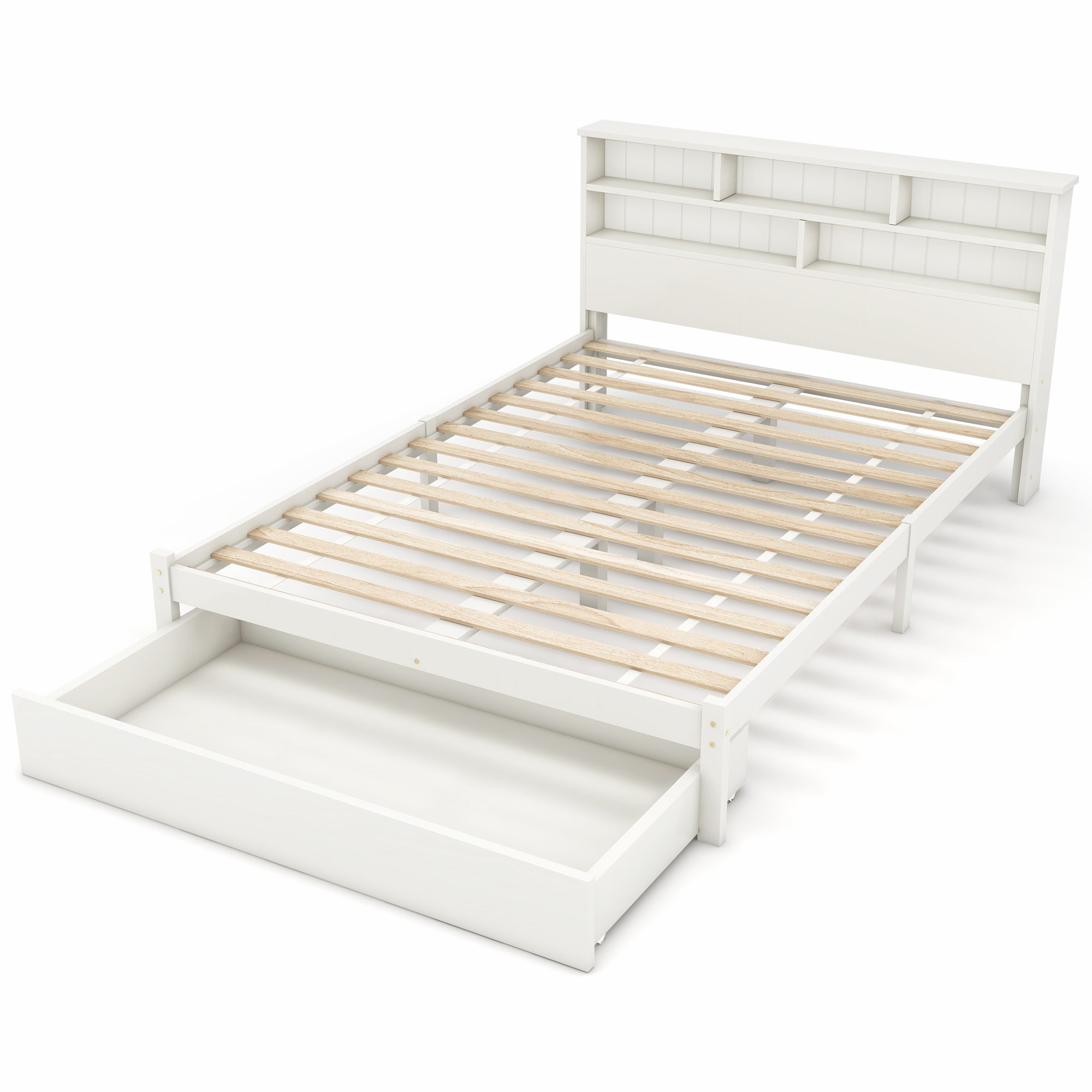 Bed with Shelves and Underbed Drawer, 4ft6 Double (135 x 190 cm) White Wooden Storage Bed