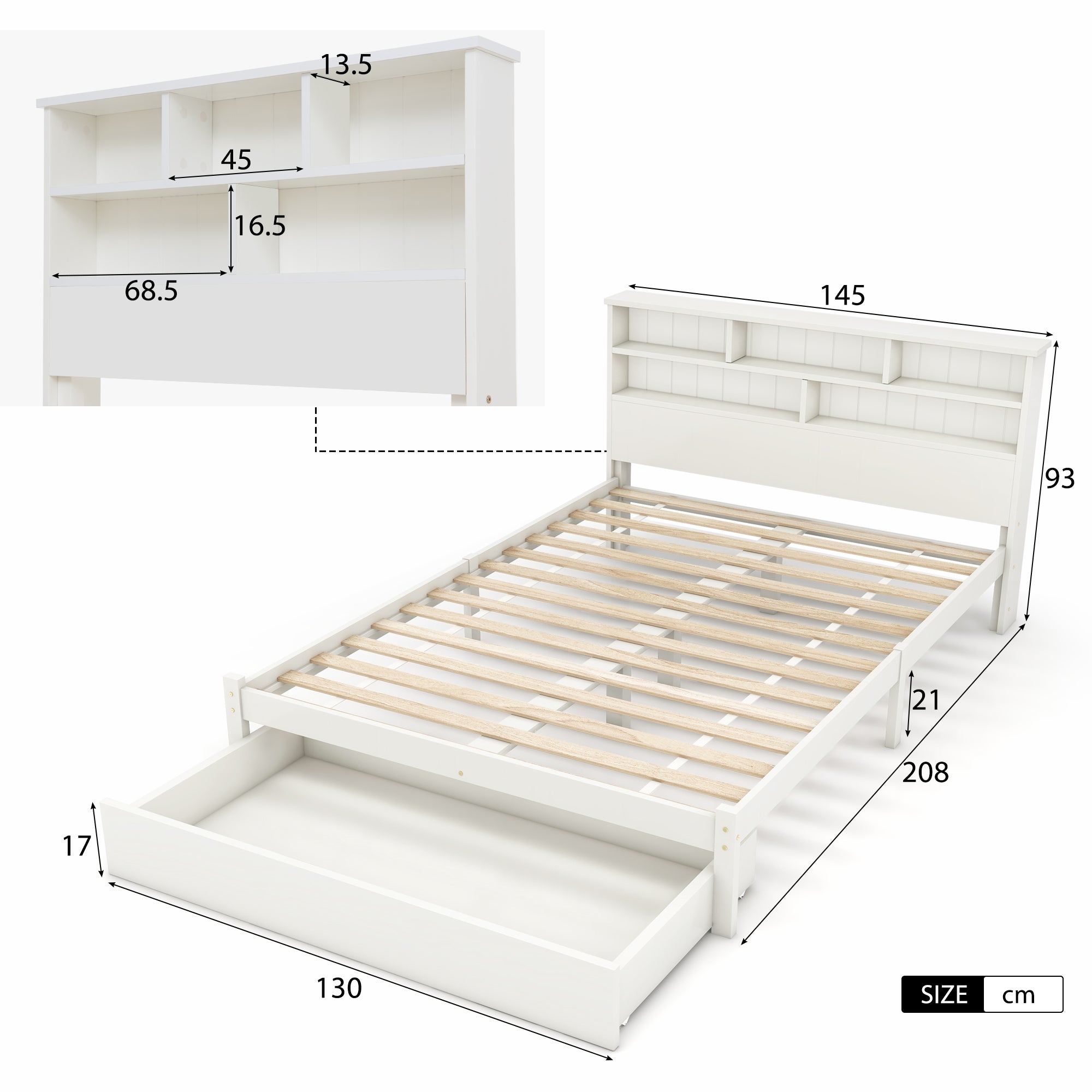 Bed with Shelves and Underbed Drawer, 4ft6 Double (135 x 190 cm) White Wooden Storage Bed