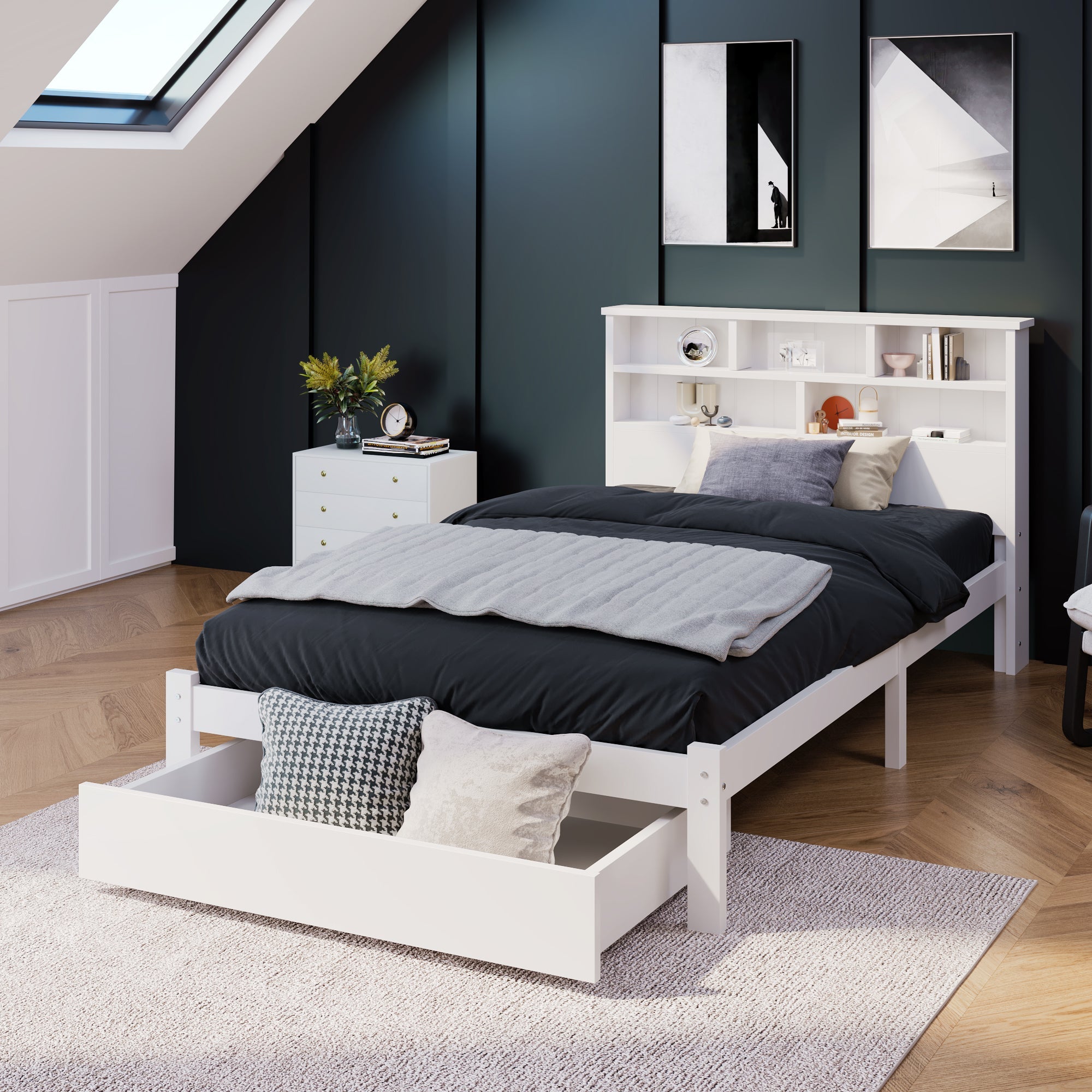Bed with Shelves, White Wooden Storage Bed, Underbed Drawer - 3FT Single (90 x 190 cm) Frame Only