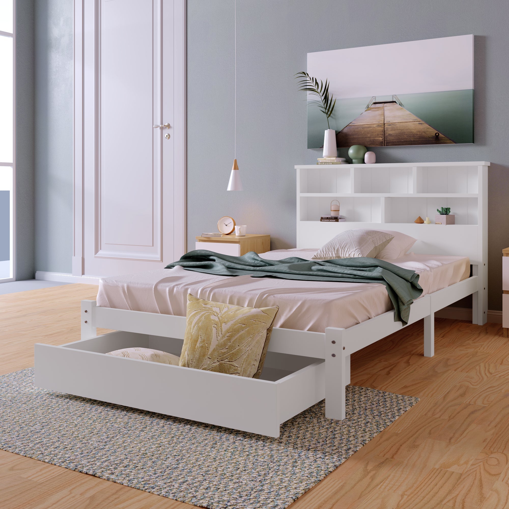 Bed with Shelves, White Wooden Storage Bed, Underbed Drawer - 3FT Single (90 x 190 cm) Frame Only