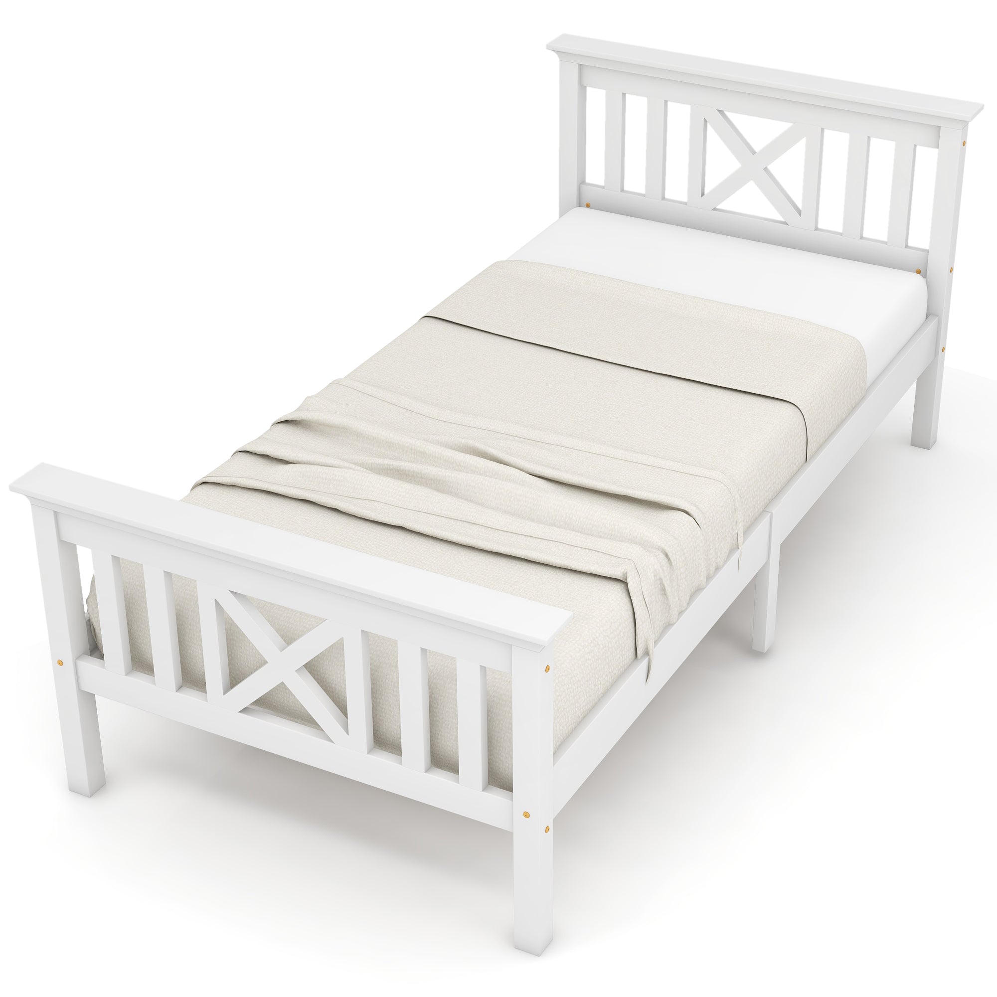 Wooden Bed Single, Bed Frame with Slatted Frame and Headboard, 90 x 200 cm, Solid Pine White