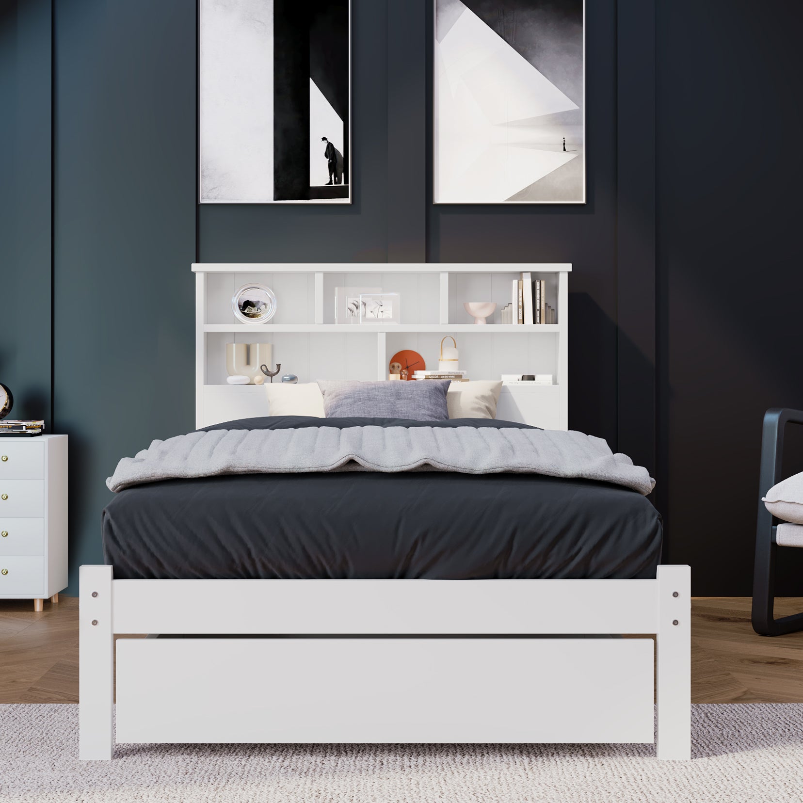 Solid Wood Single Bed with Drawers & Slatted Frame, Bookcase, White