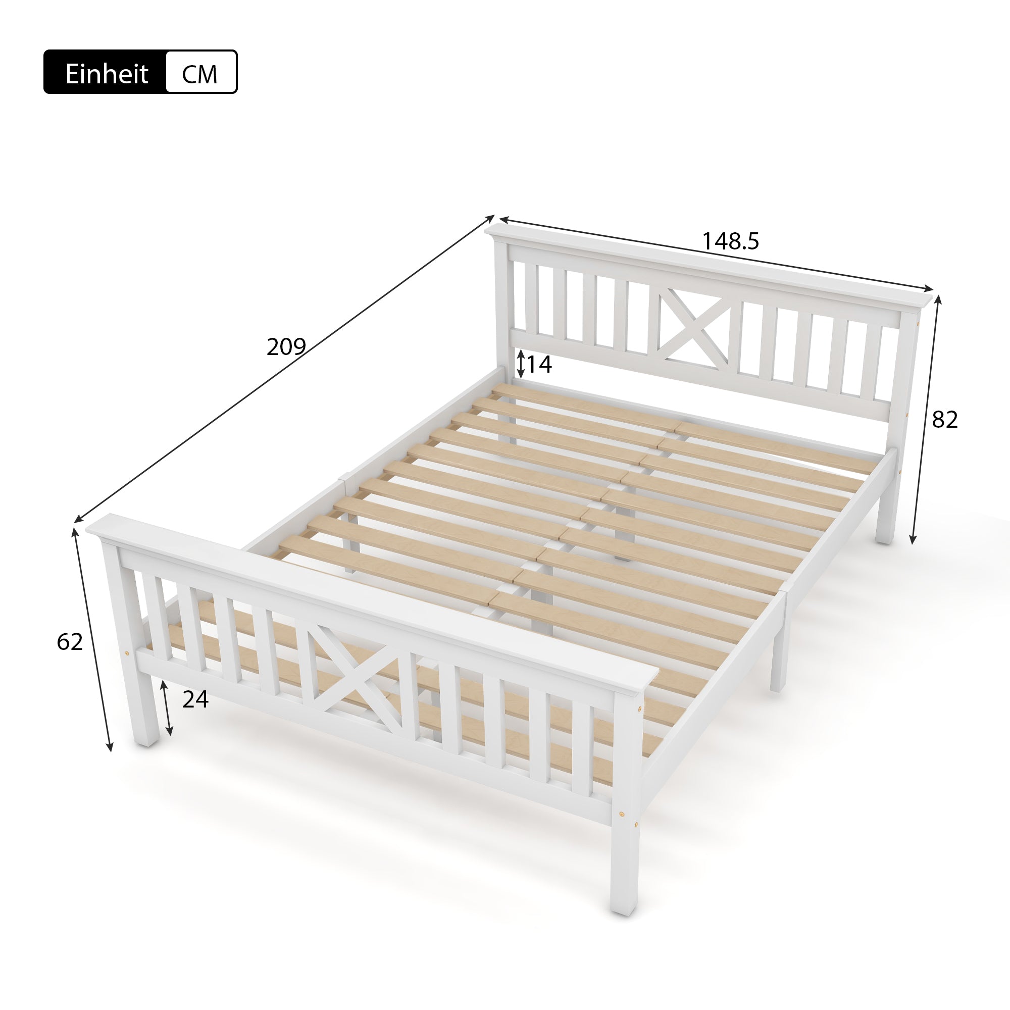 Wooden Bed Double Bed, 140 x 200 cm, Solid Pine, White