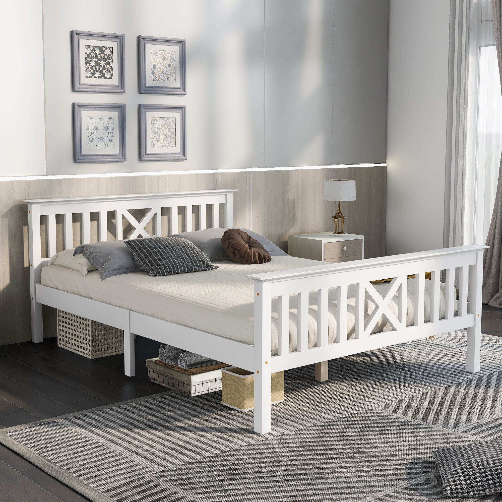Wooden Bed Double Bed, 140 x 200 cm, Solid Pine, White
