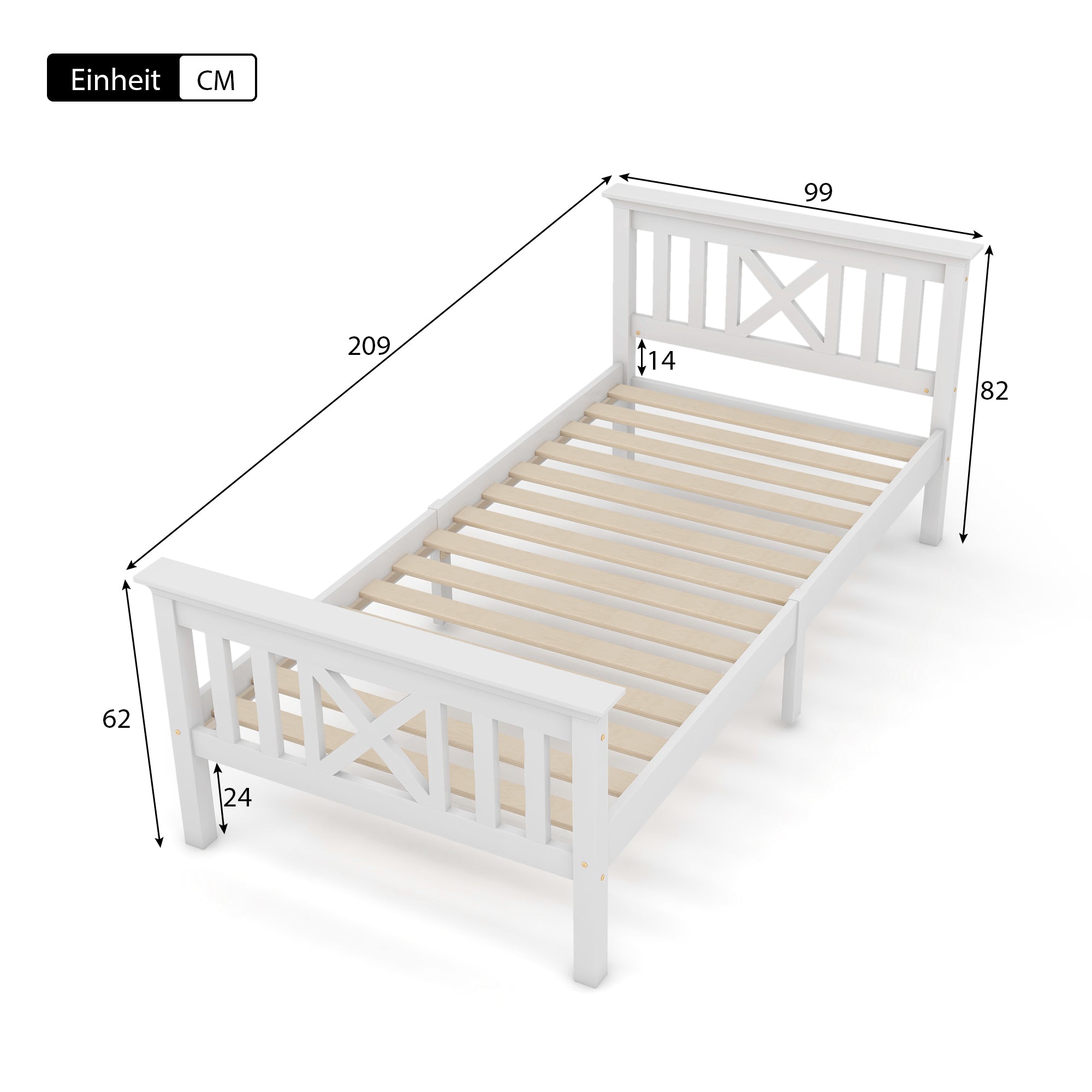 Wooden Bed Single, Bed Frame with Slatted Frame and Headboard, 90 x 200 cm, Solid Pine White