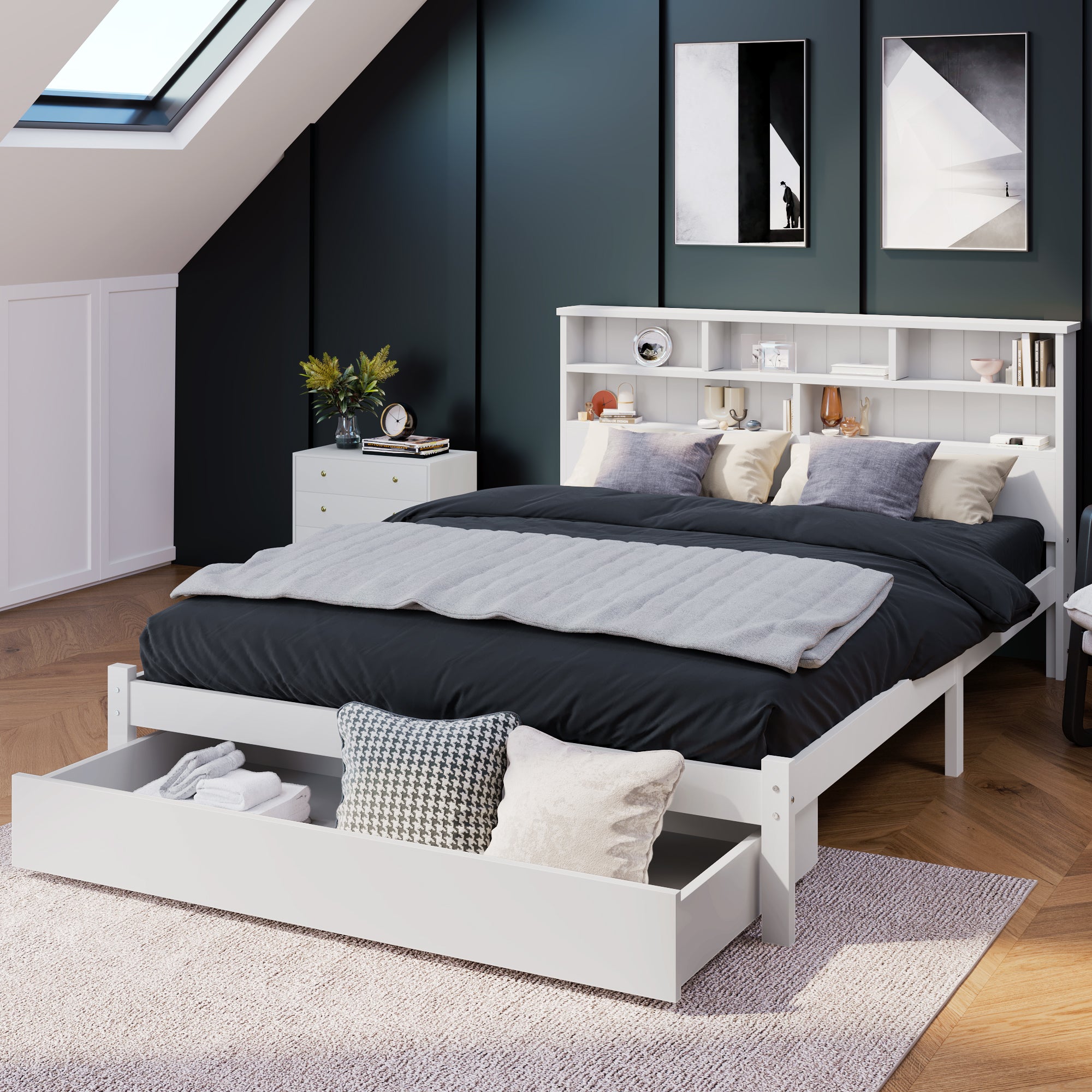 Bed with Shelves and Underbed Drawer, 4ft6 Double (135 x 190 cm) White Wooden Storage Bed
