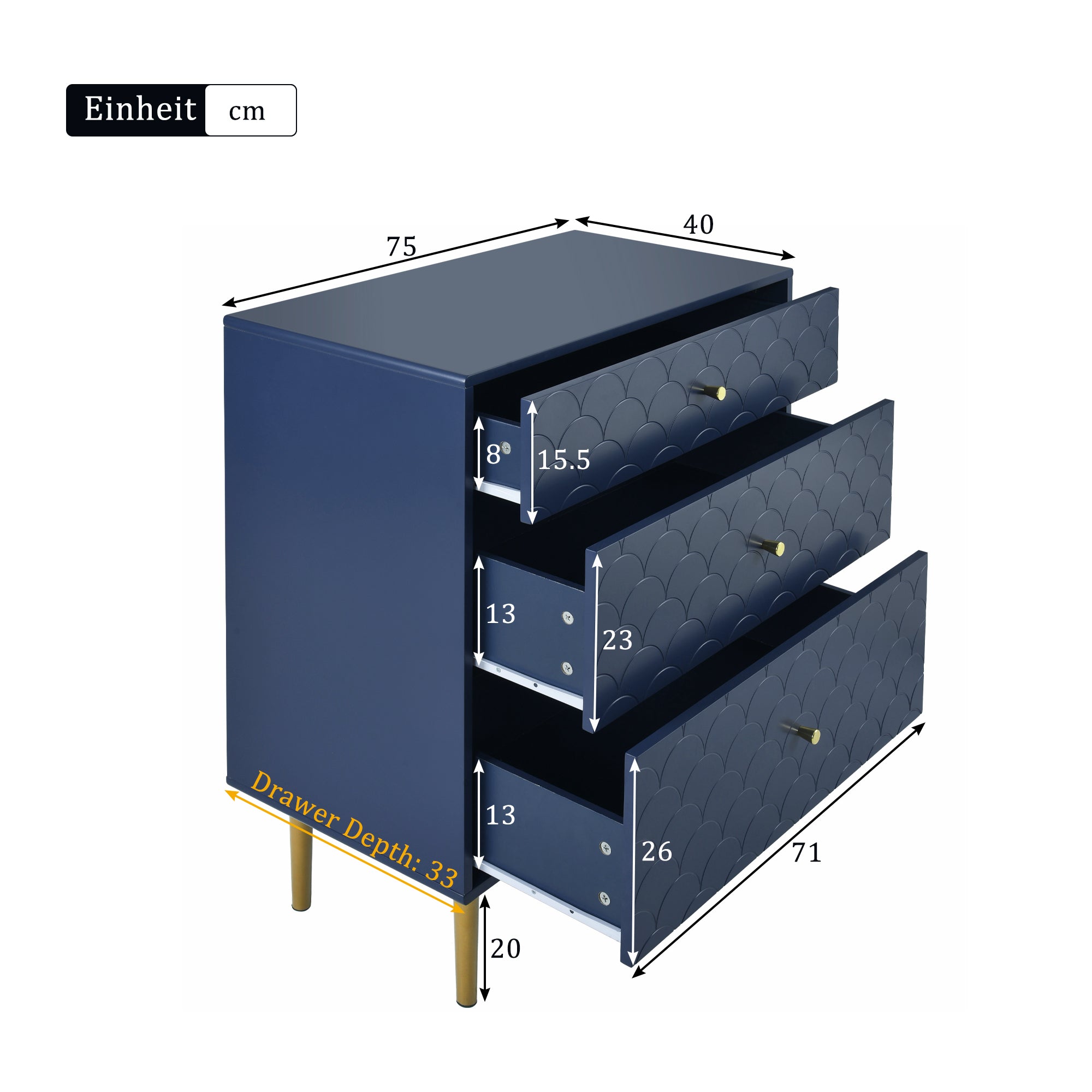 Chest of Drawers with 3 Drawers, Sideboard Highboard for Bedrooms and Living Rooms, Navy Blue