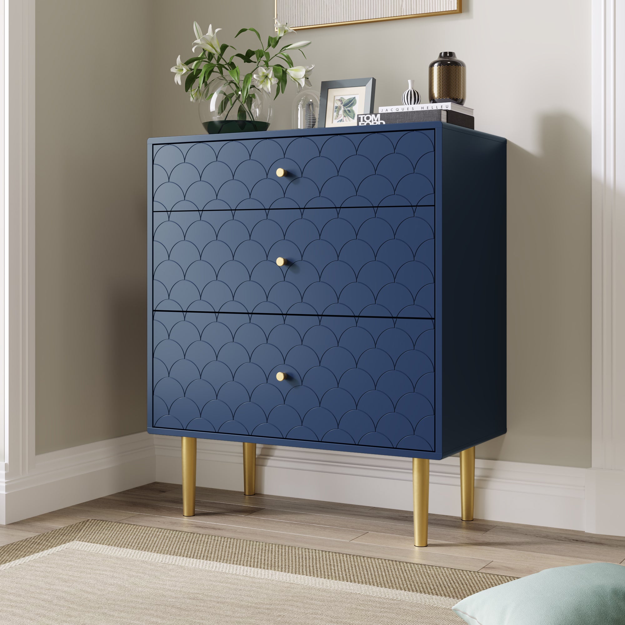Chest of Drawers with 3 Drawers, Sideboard Highboard for Bedrooms and Living Rooms, Navy Blue