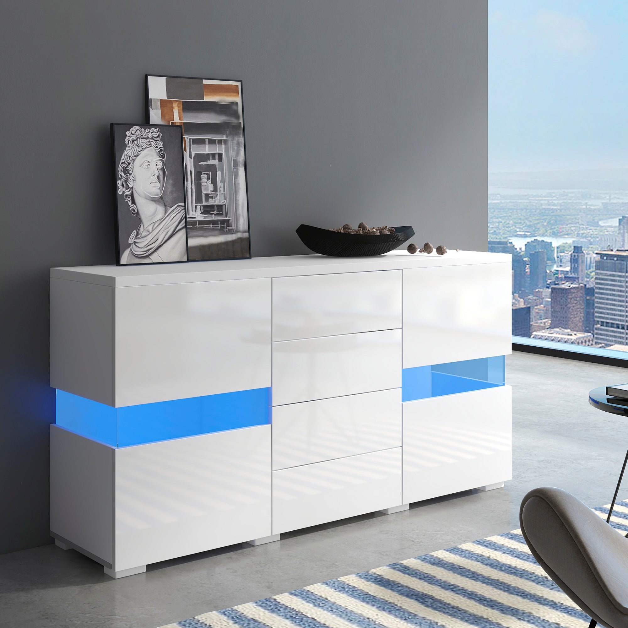Sideboard Storage Cabinet 16 Color LED Lights - High-Gloss White